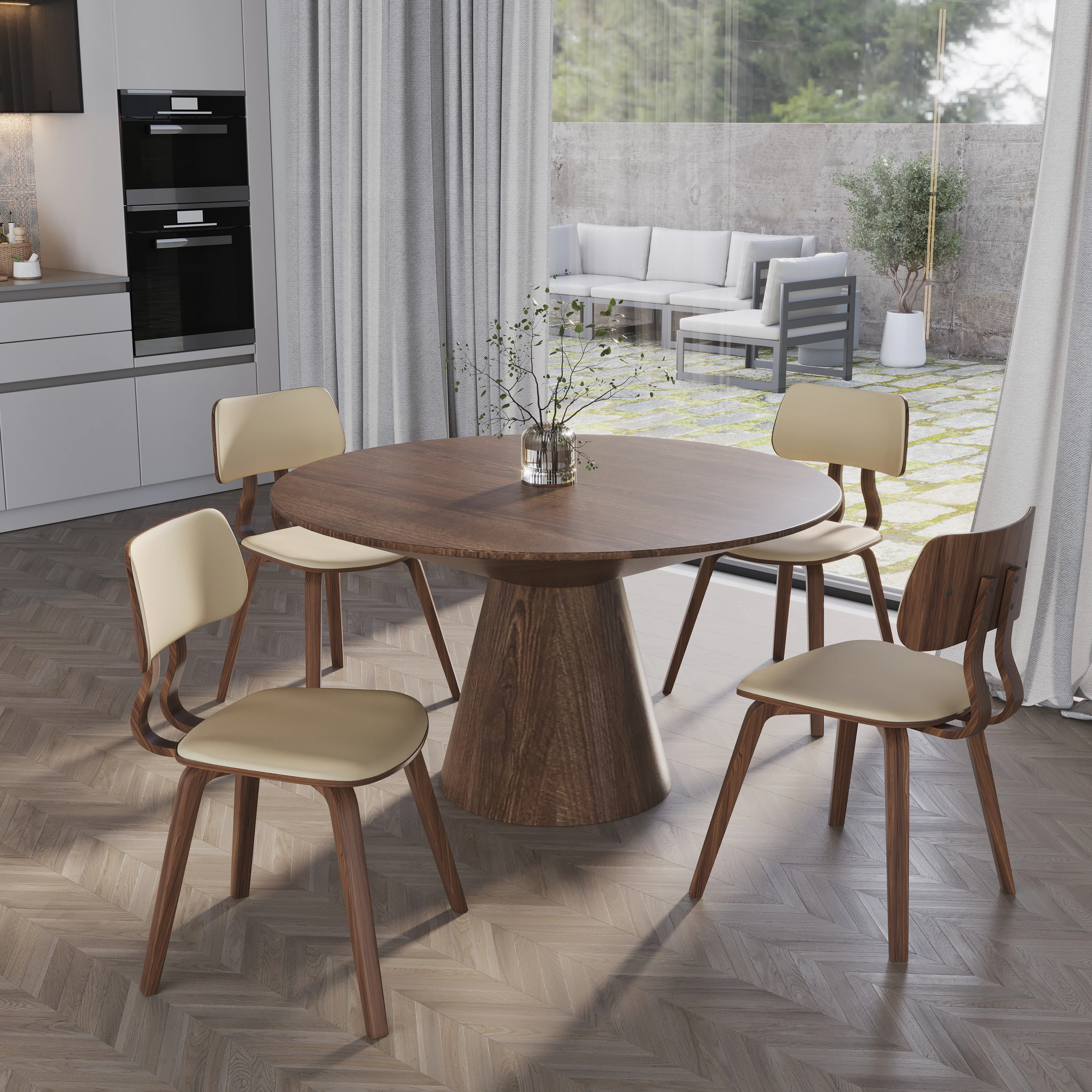 5-Piece Dining Set with Round Wooden Table in Walnut and 4 Leather Dining Chairs in Walnut/Cream