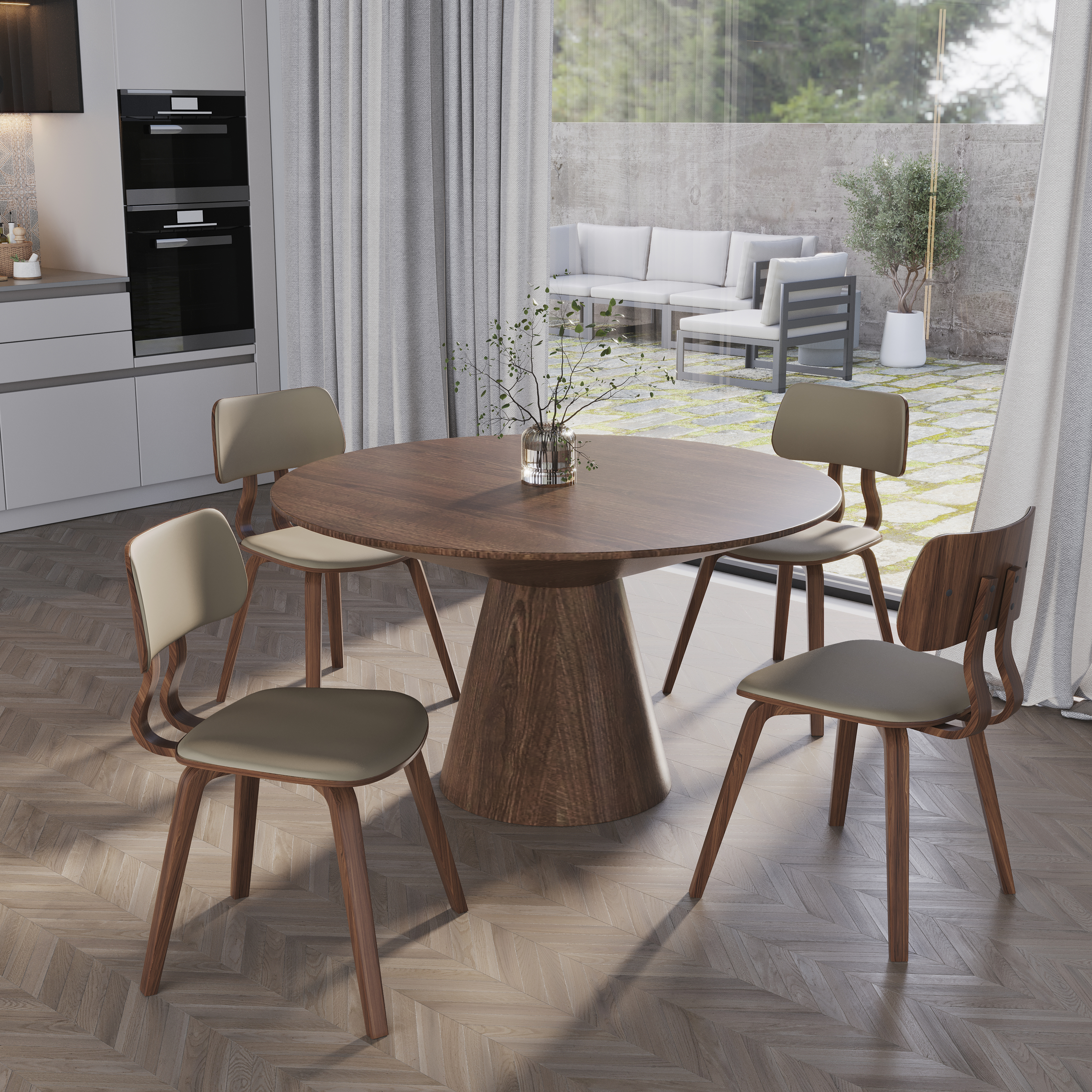 5-Piece Dining Set with Round Wooden Table in Walnut and 4 Leather Dining Chairs in Walnut/Light Brown