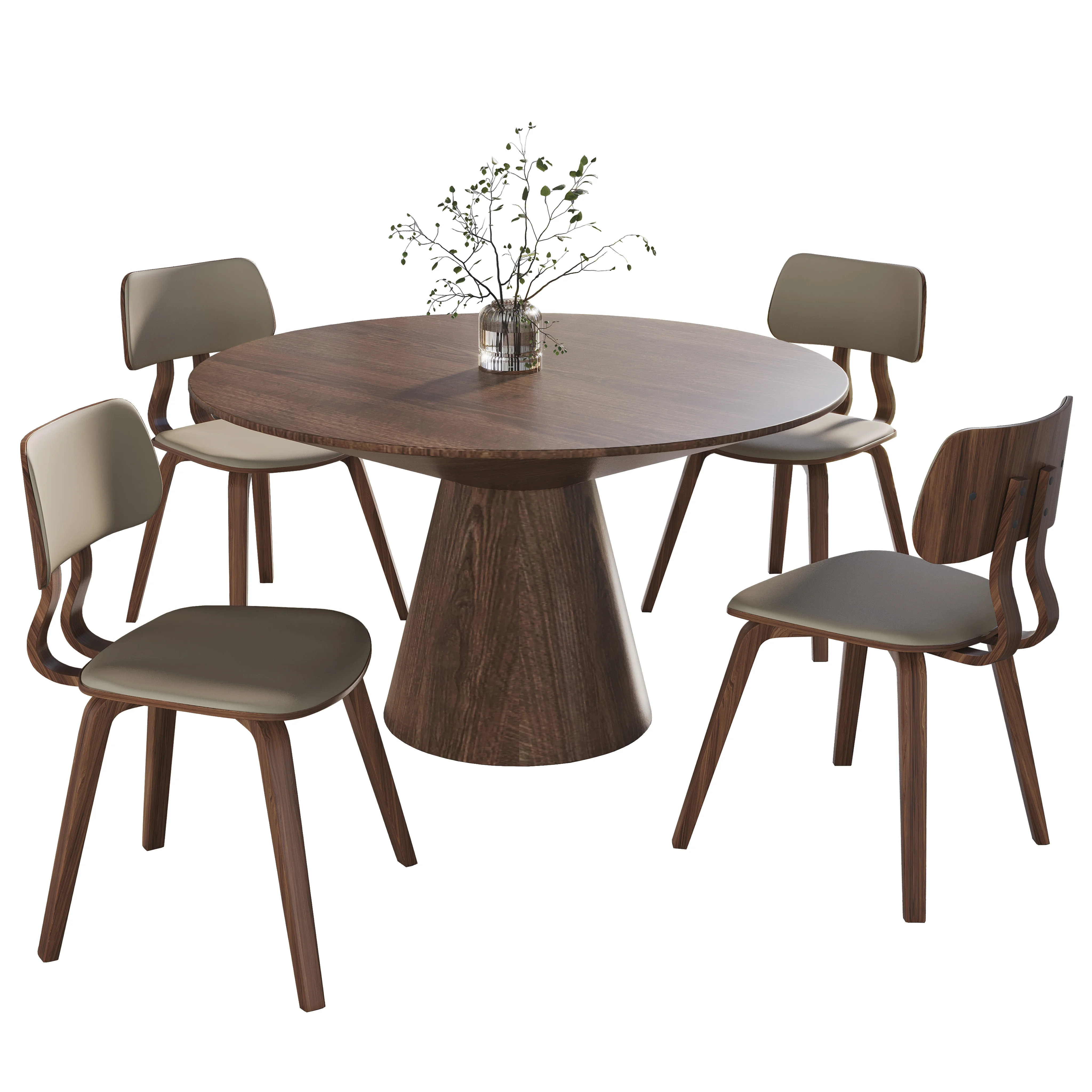 5-Piece Dining Set with Round Wooden Table in Walnut and 4 Leather Dining Chairs in Walnut/Light Brown