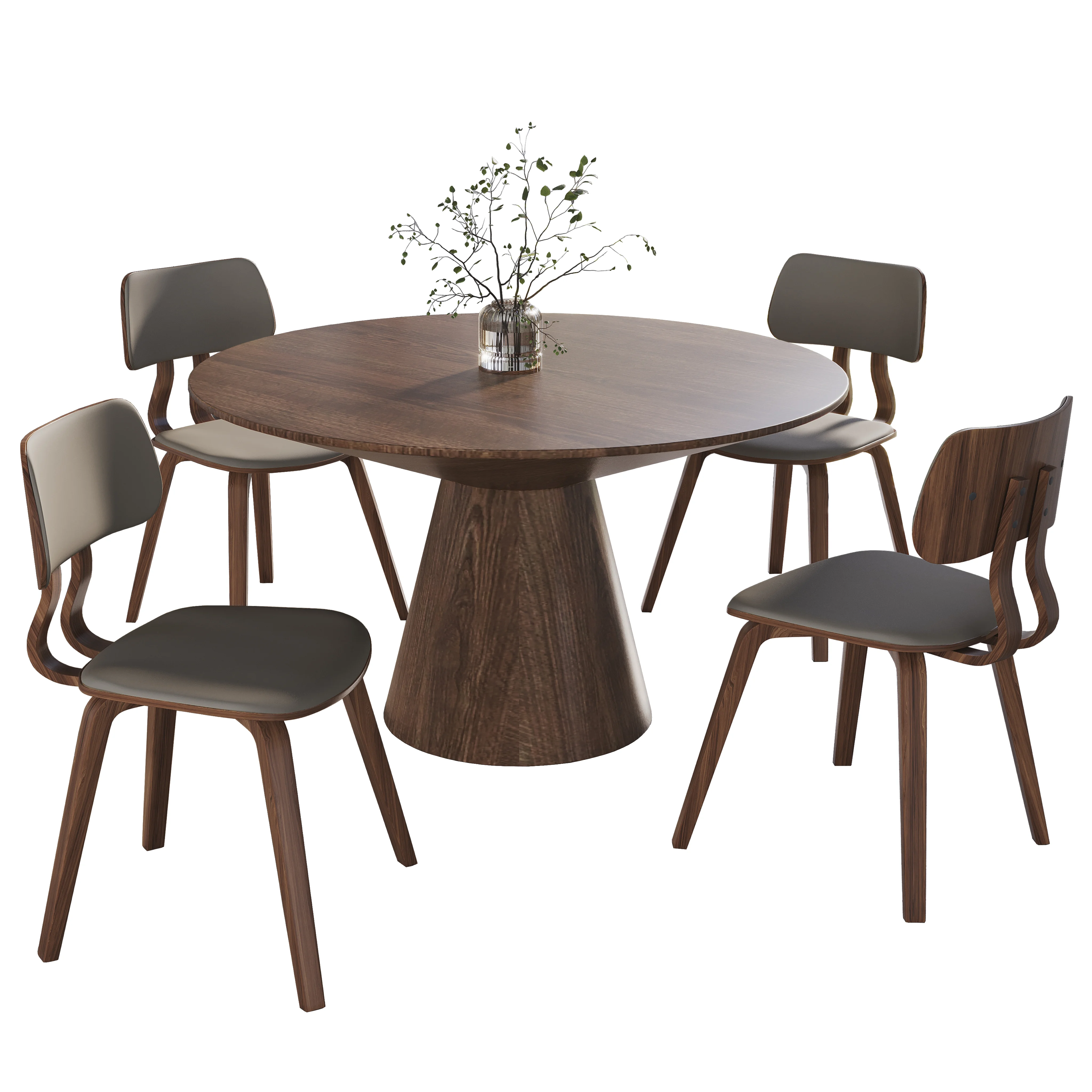 5-Piece Dining Set with Round Wooden Table in Walnut and 4 Leather Dining Chairs in Walnut/Light Grey