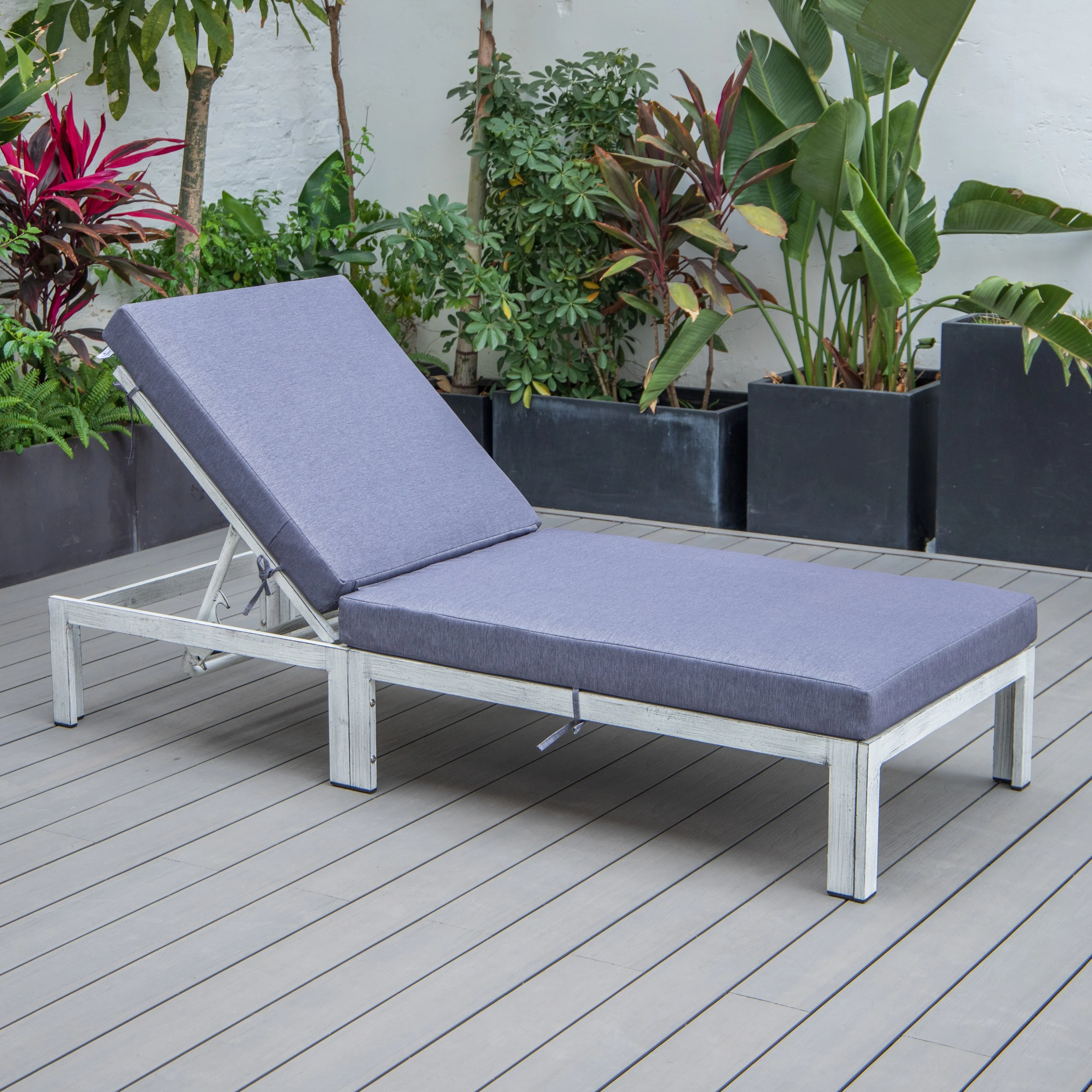 Chelsea Modern Outdoor Weathered Grey Chaise Lounge Chair With Cushions