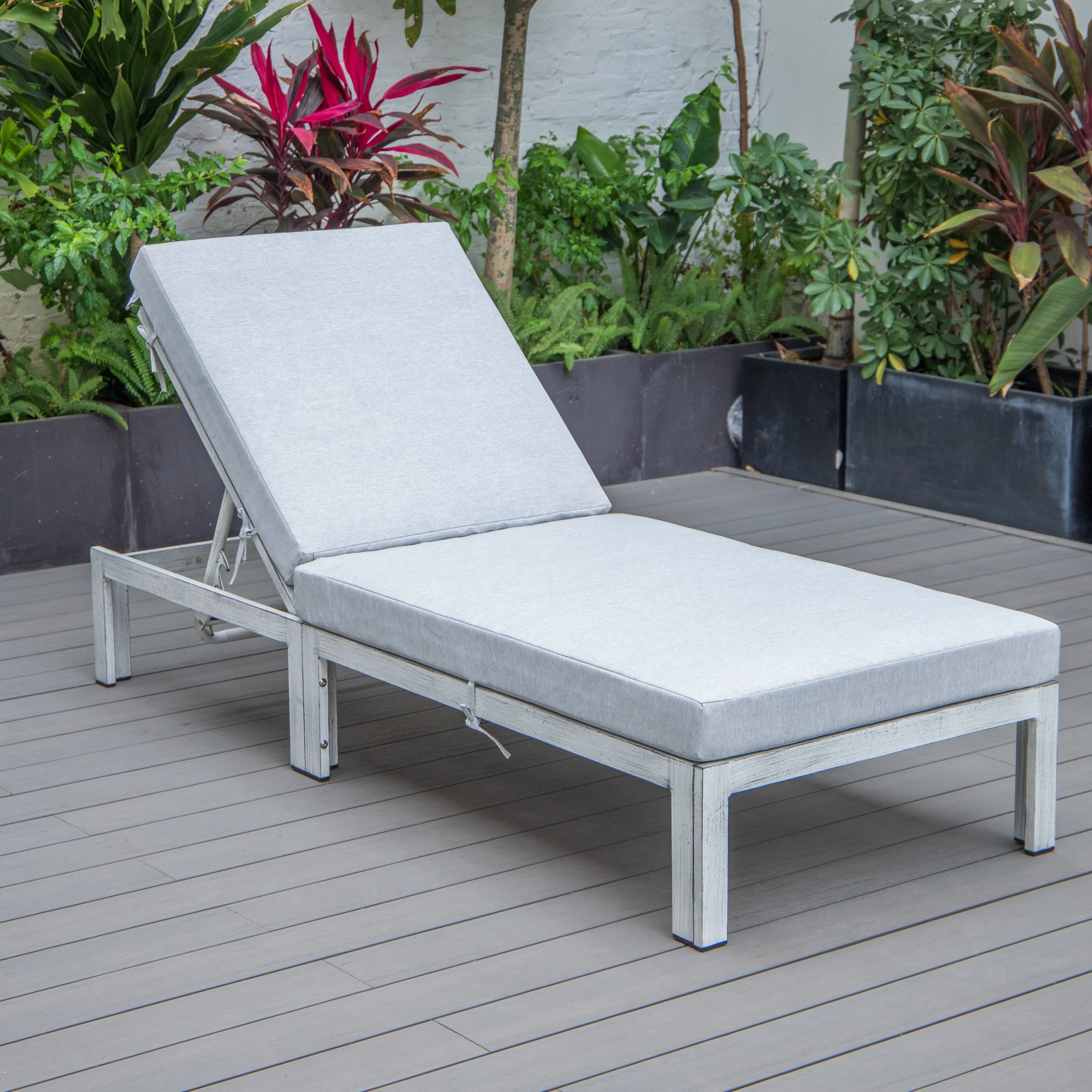 Chelsea Modern Outdoor Weathered Grey Chaise Lounge Chair With Cushions