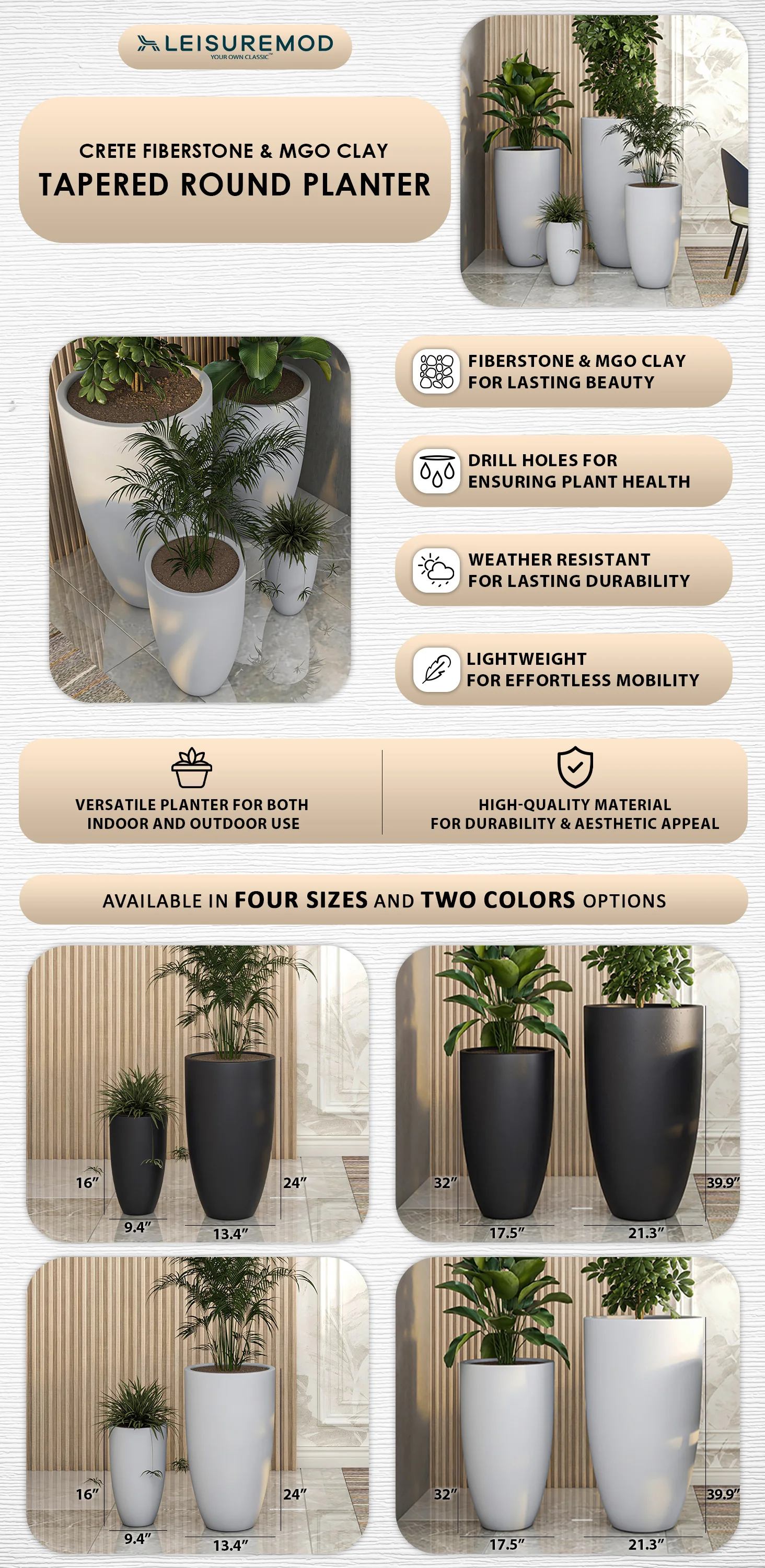 Crete Series Fiberstone Planter Set in Aged Concrete