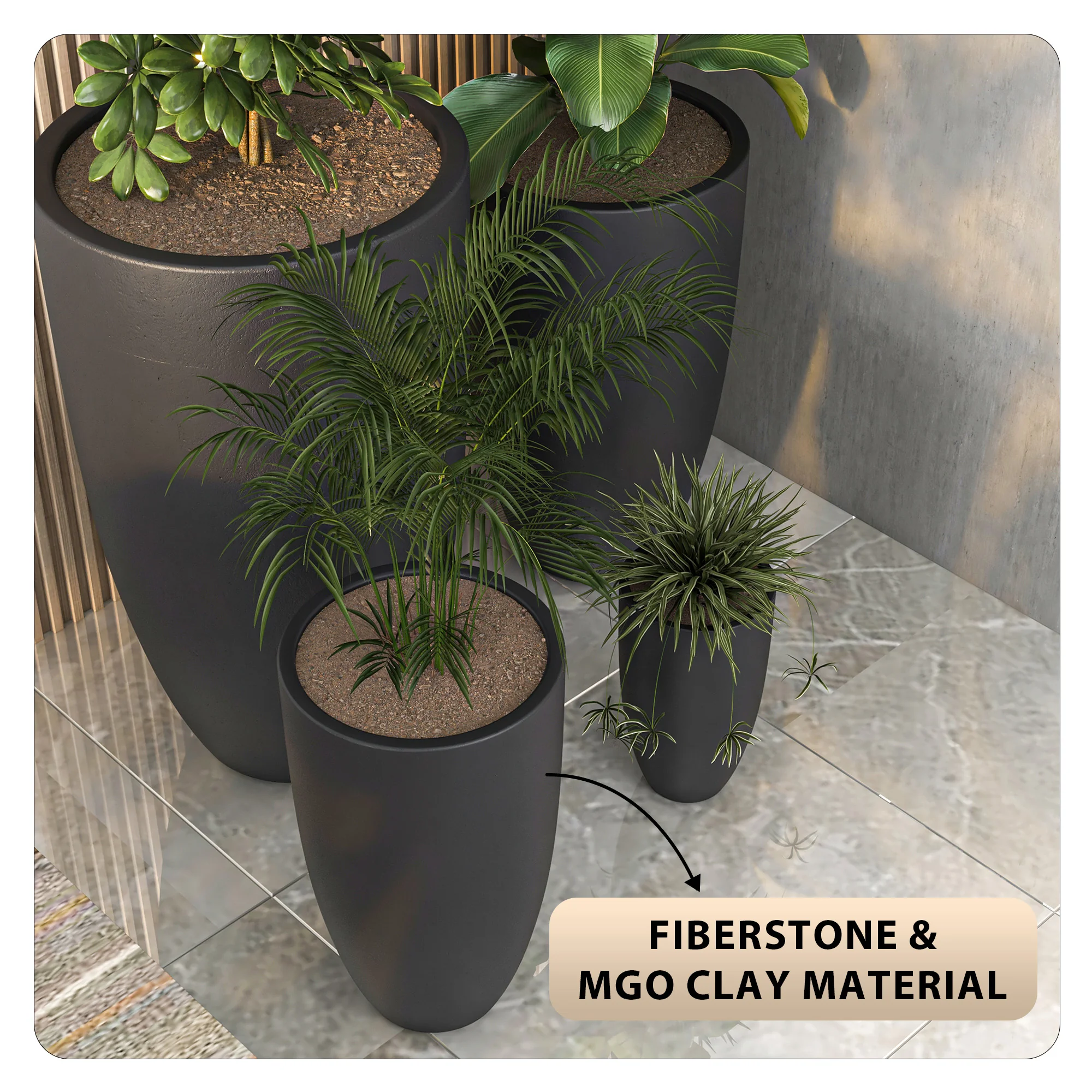 Crete Series Fiberstone Planter Set in Black