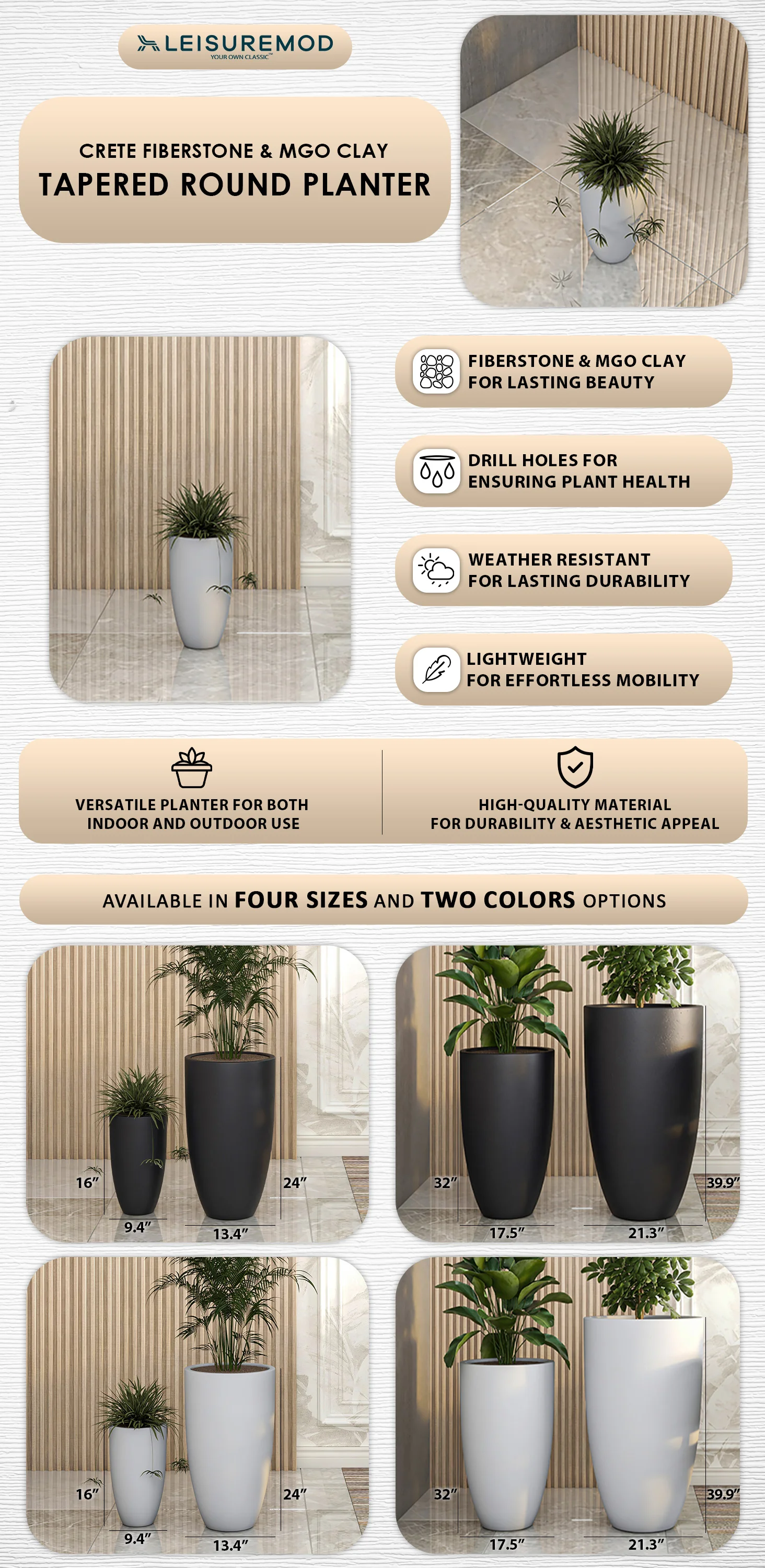 Crete Series Poly Stone Planter in Aged Concrete 9.5 Dia, 15.7 High