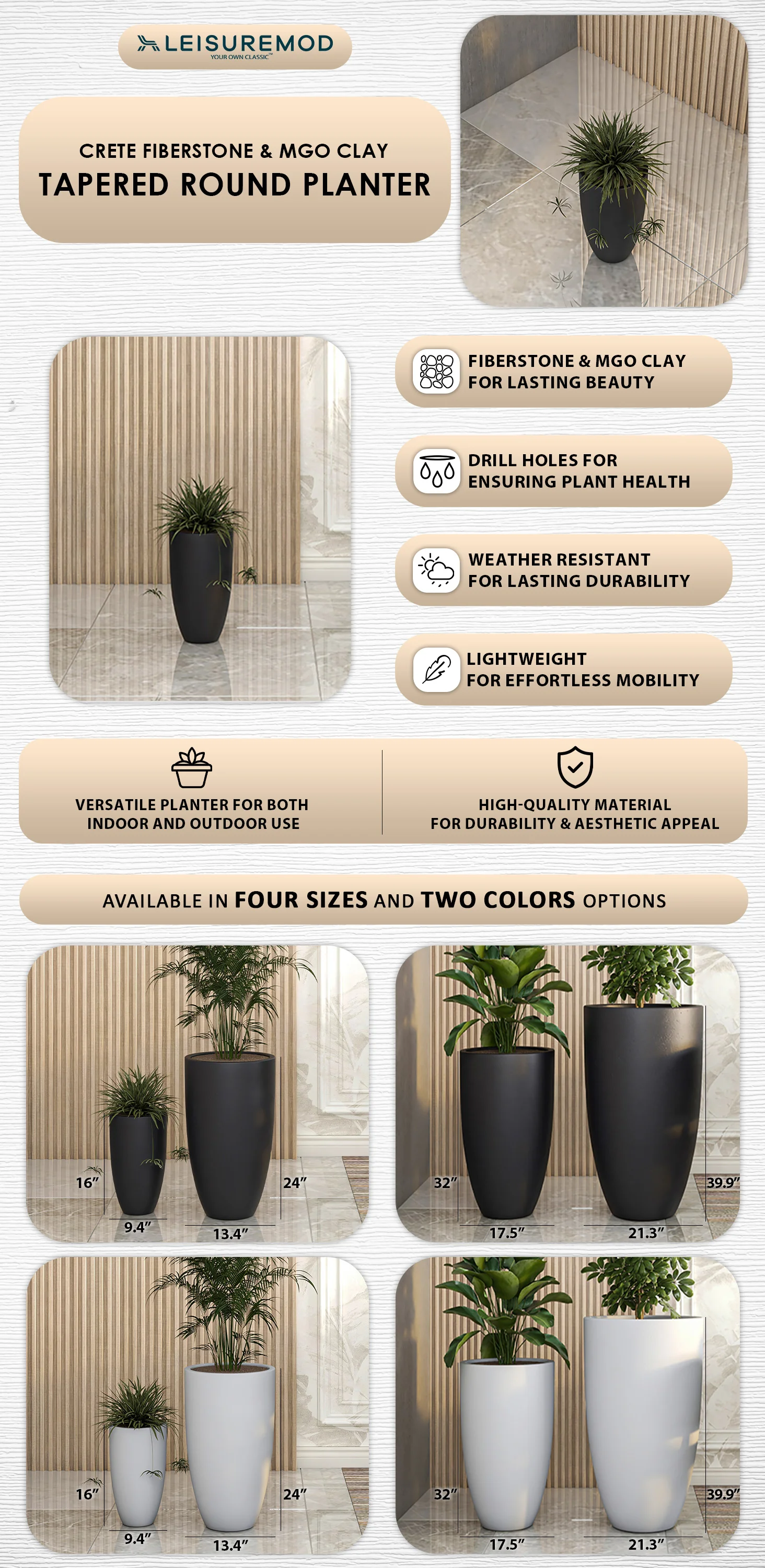 Crete Series Poly Stone Planter in Black 9.5 Dia, 15.7 High