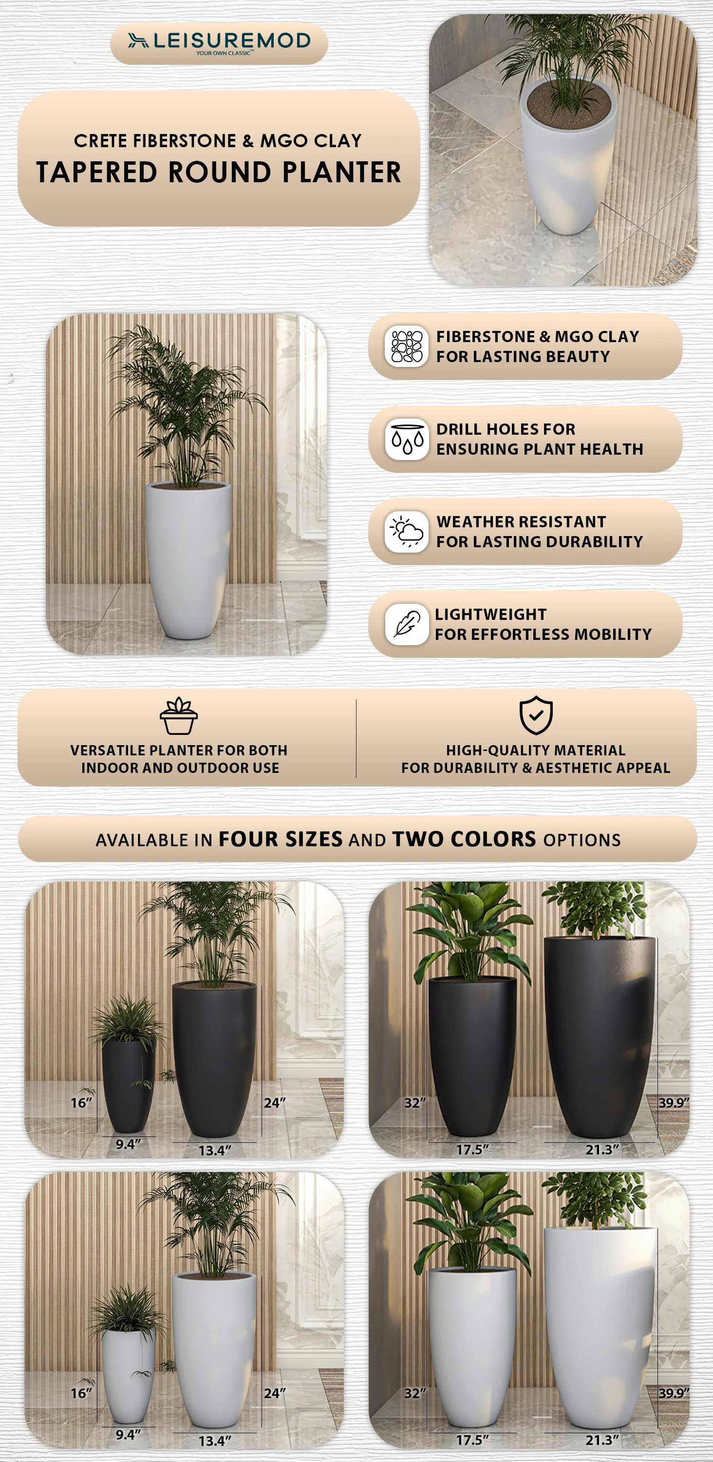 Crete Series Poly Stone Planter in Aged Concrete 13.4 Dia, 23.6 High