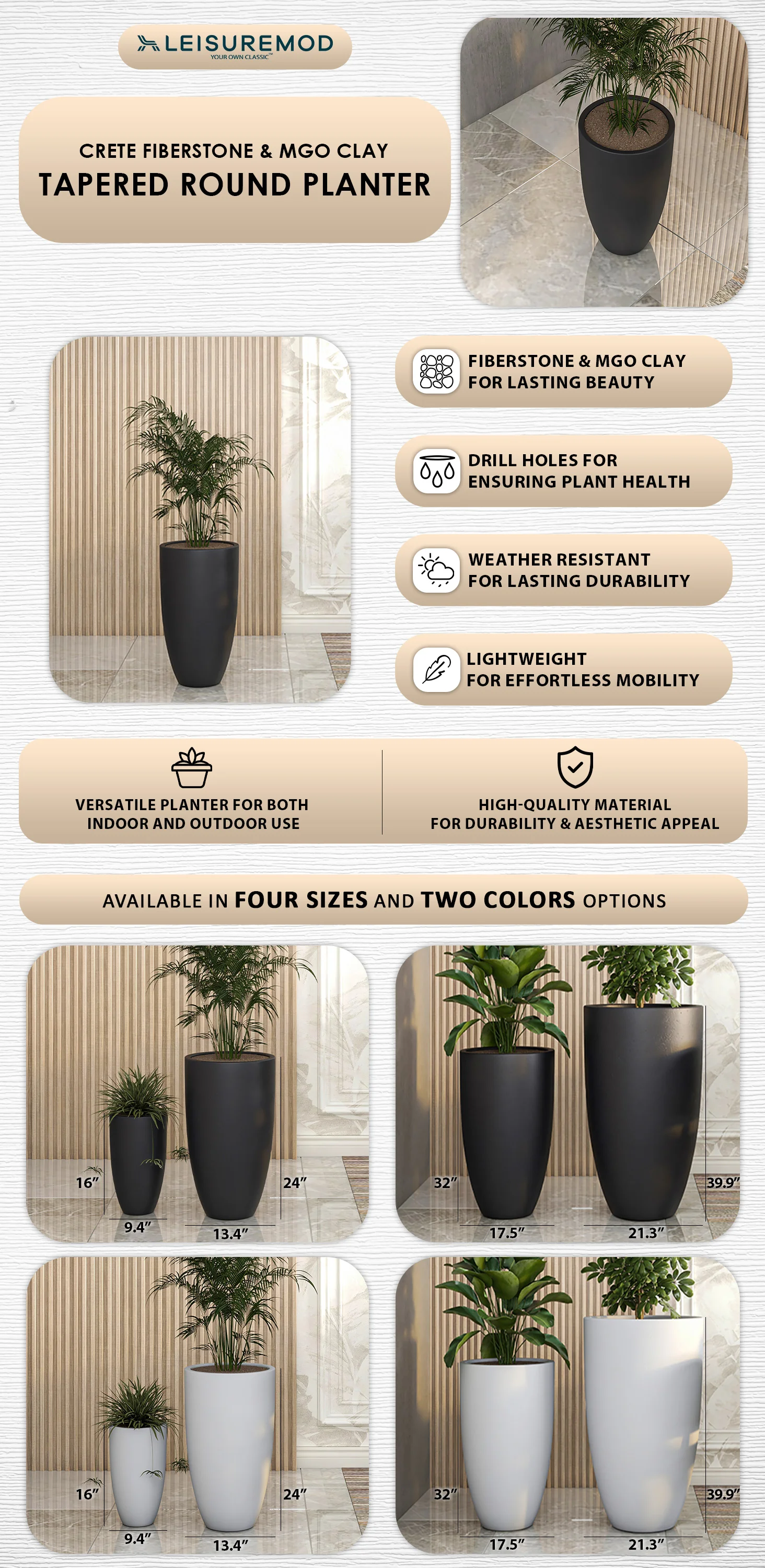 Crete Series Poly Stone Planter in Black 13.4 Dia, 23.6 High