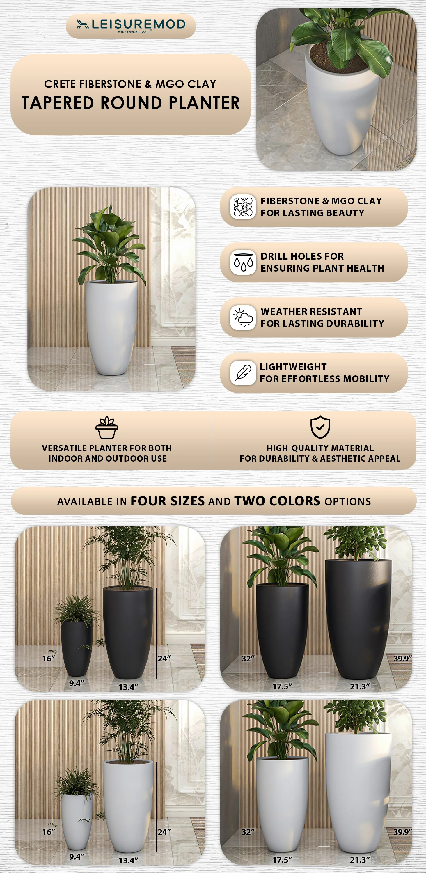 Crete Series Poly Stone Planter in Aged Concrete 17.3 Dia, 31.5 High