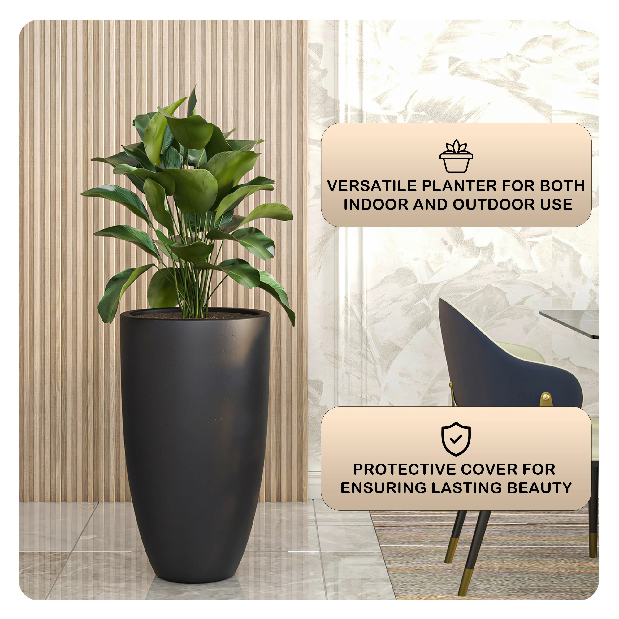 Crete Series Poly Stone Planter in Black 17.3 Dia, 31.5 High