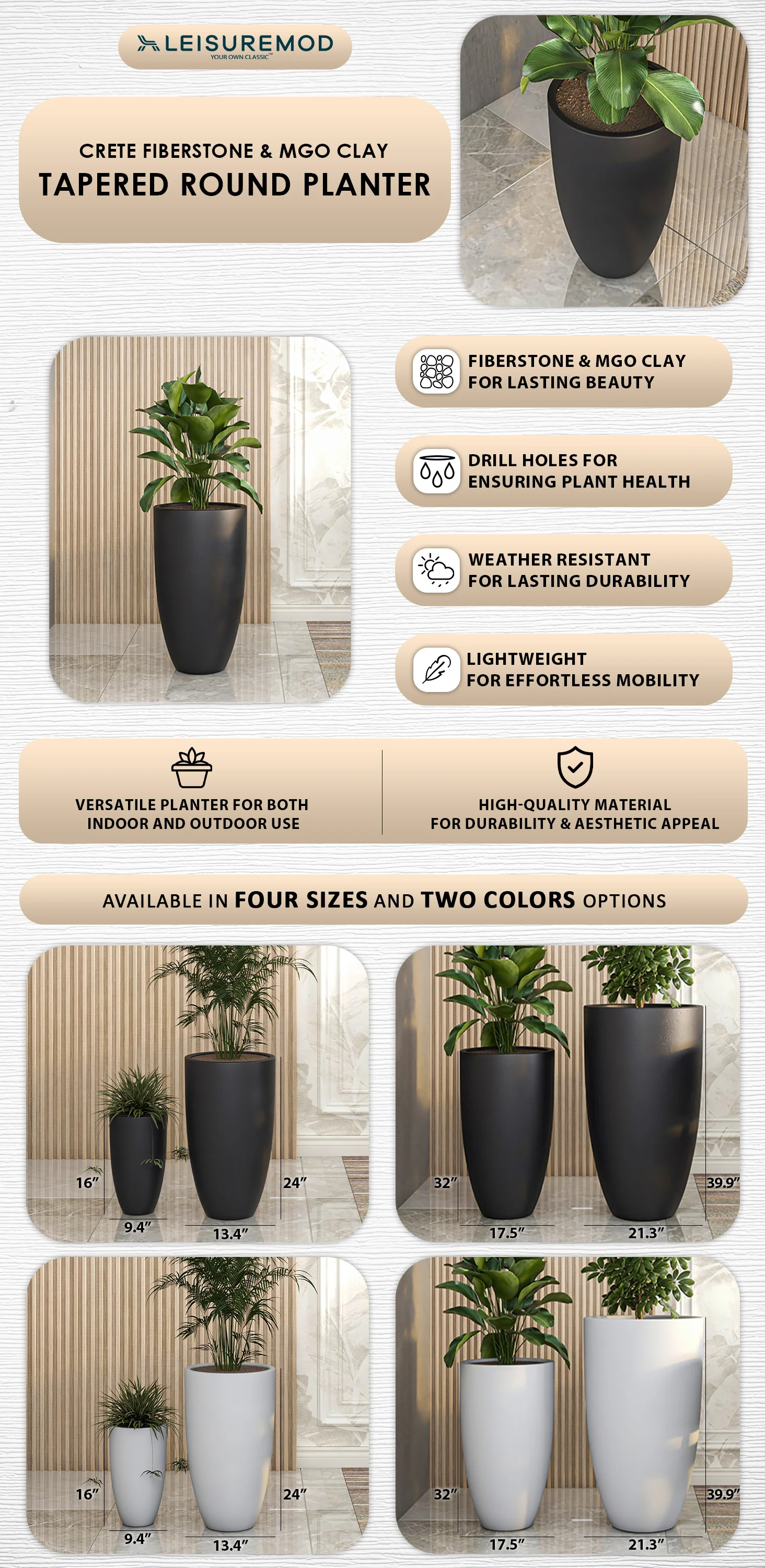 Crete Series Poly Stone Planter in Black 17.3 Dia, 31.5 High