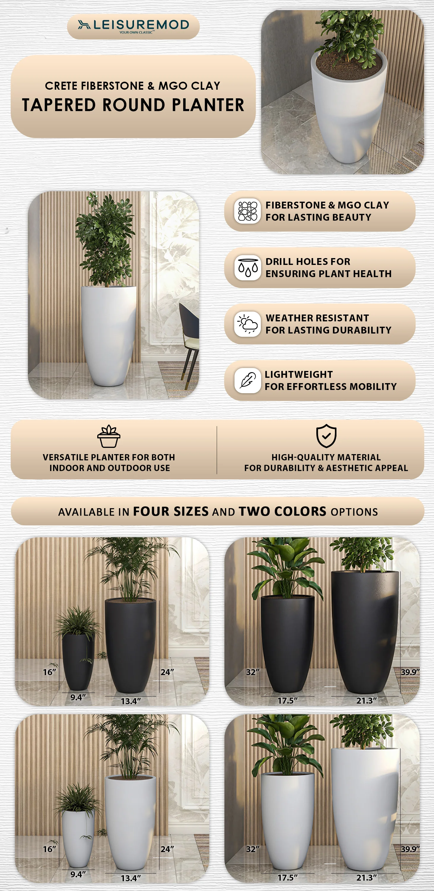 Crete Series Poly Stone Planter in Aged Concrete 21.3 Dia, 39.4 High