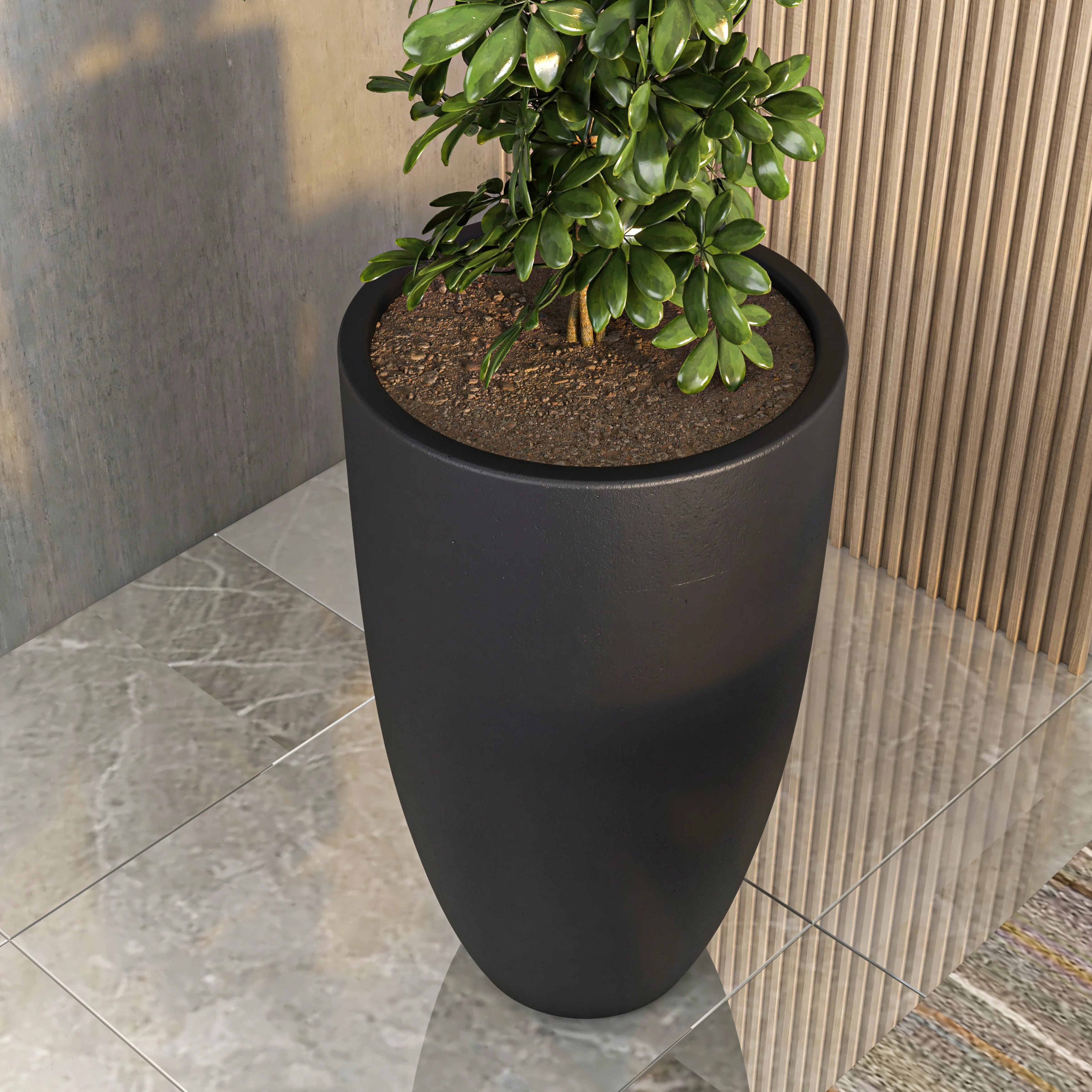 Crete Series Poly Stone Planter in Black 21.3 Dia, 39.4 High