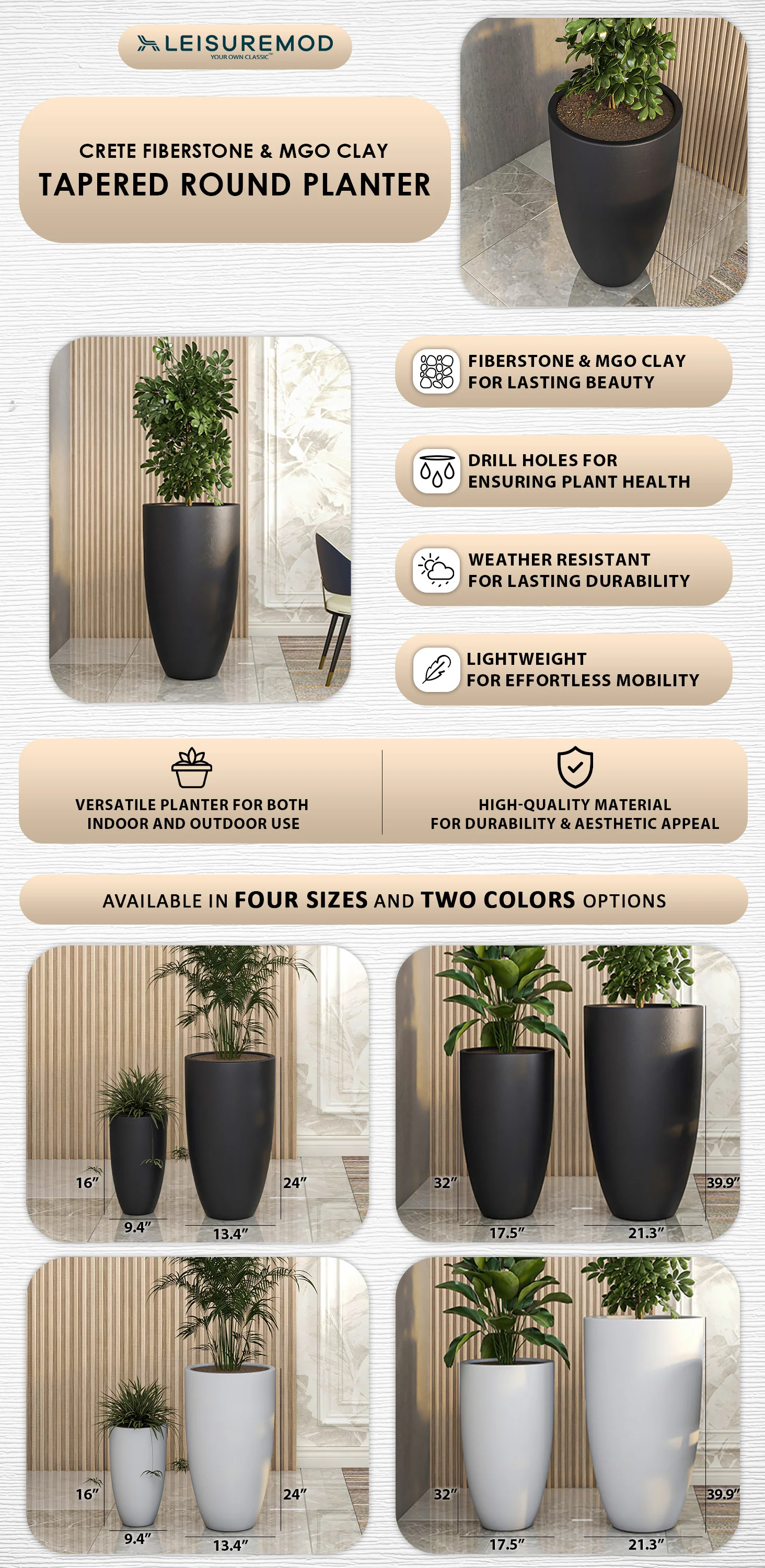 Crete Series Poly Stone Planter in Black 21.3 Dia, 39.4 High