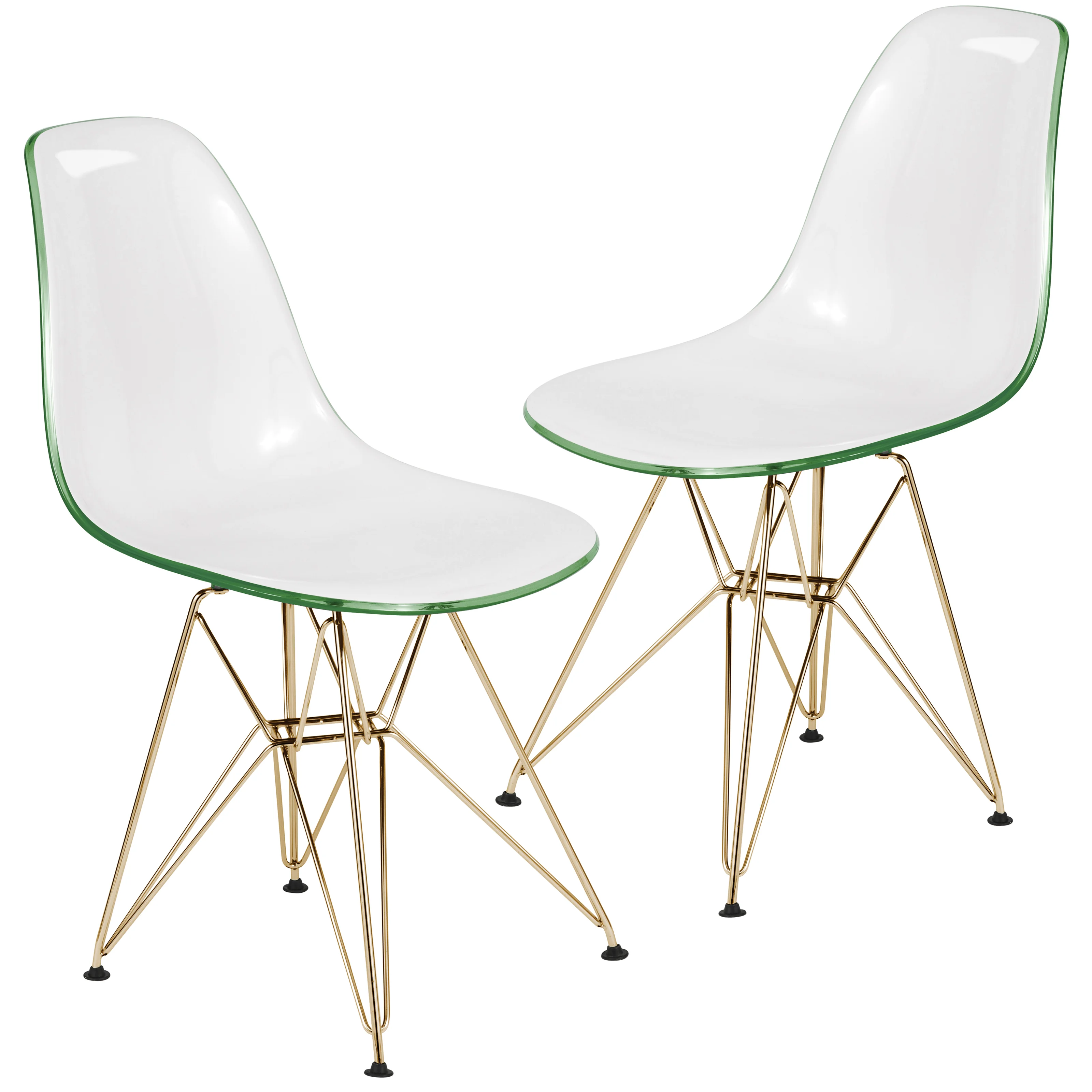 Cresco Molded 2-Tone Eiffel Side Chair with Gold Base in White Green Set of 2