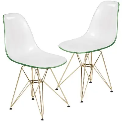 Cresco Molded 2-Tone Eiffel Side Chair with Gold Base in White Green Set of 2