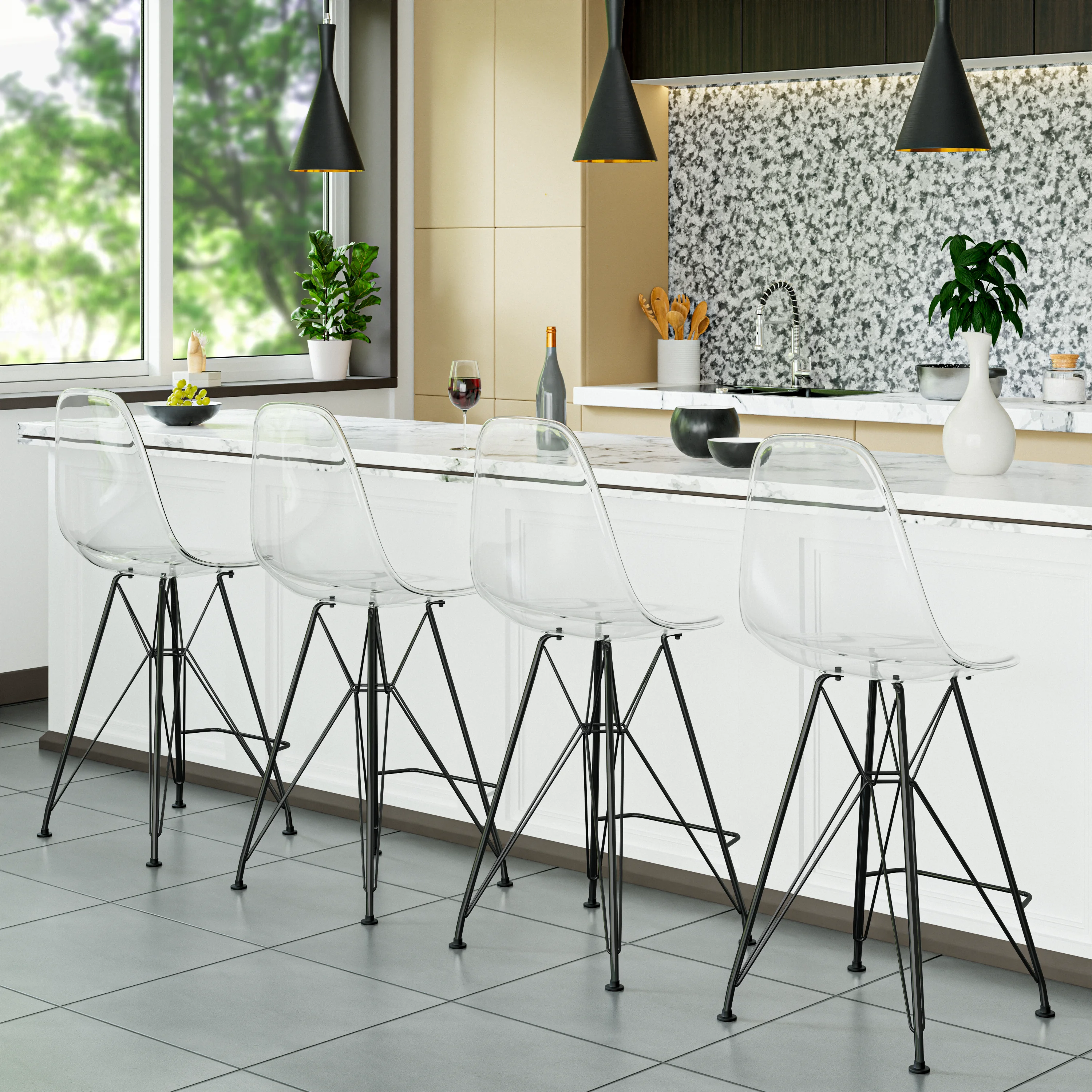 Modern Acrylic Bar stool Cresco Collection Black Base with Clear seat