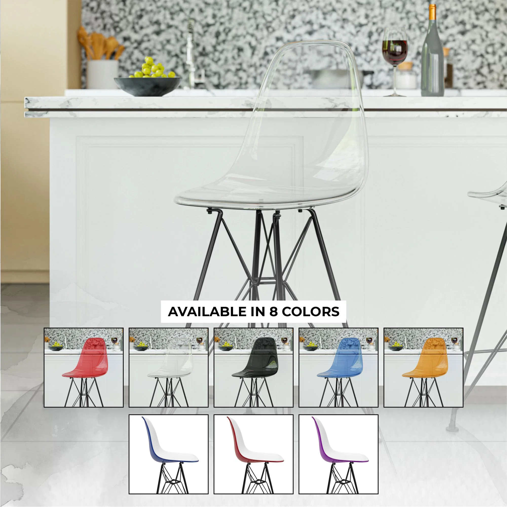 Modern Acrylic Bar stool Cresco Collection Black Base with Clear seat