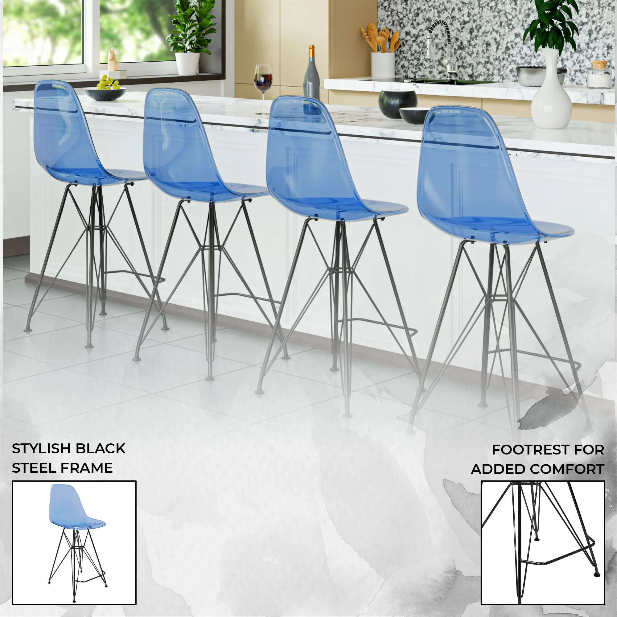 Modern Acrylic Bar stool Cresco Collection Black Base with Trans Blue seat