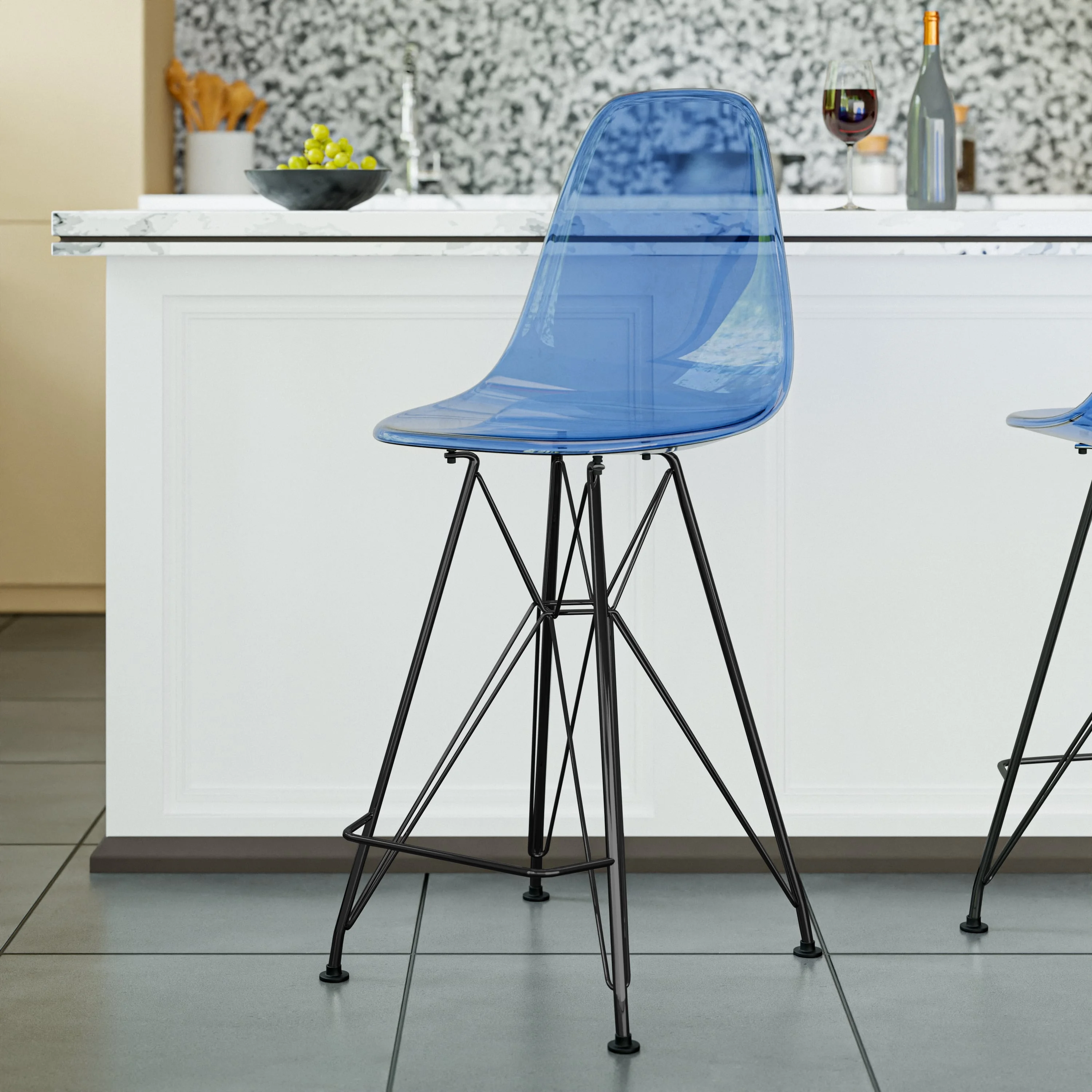 Modern Acrylic Bar stool Cresco Collection Black Base with Trans Blue seat