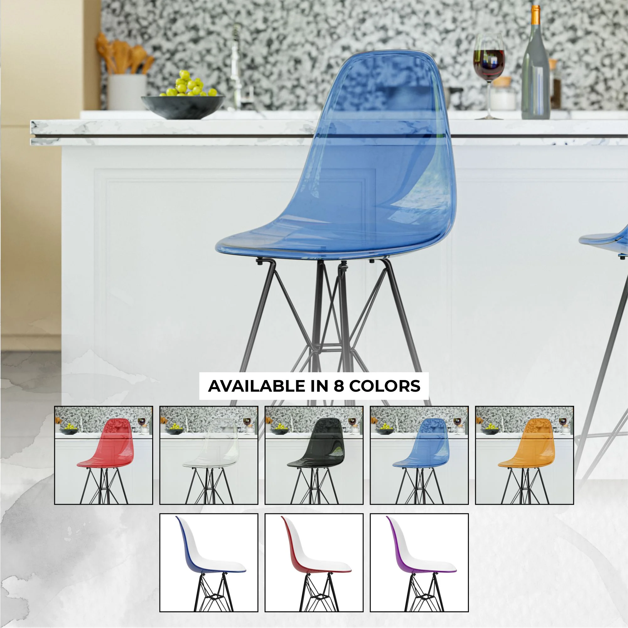 Modern Acrylic Bar stool Cresco Collection Black Base with Trans Blue seat