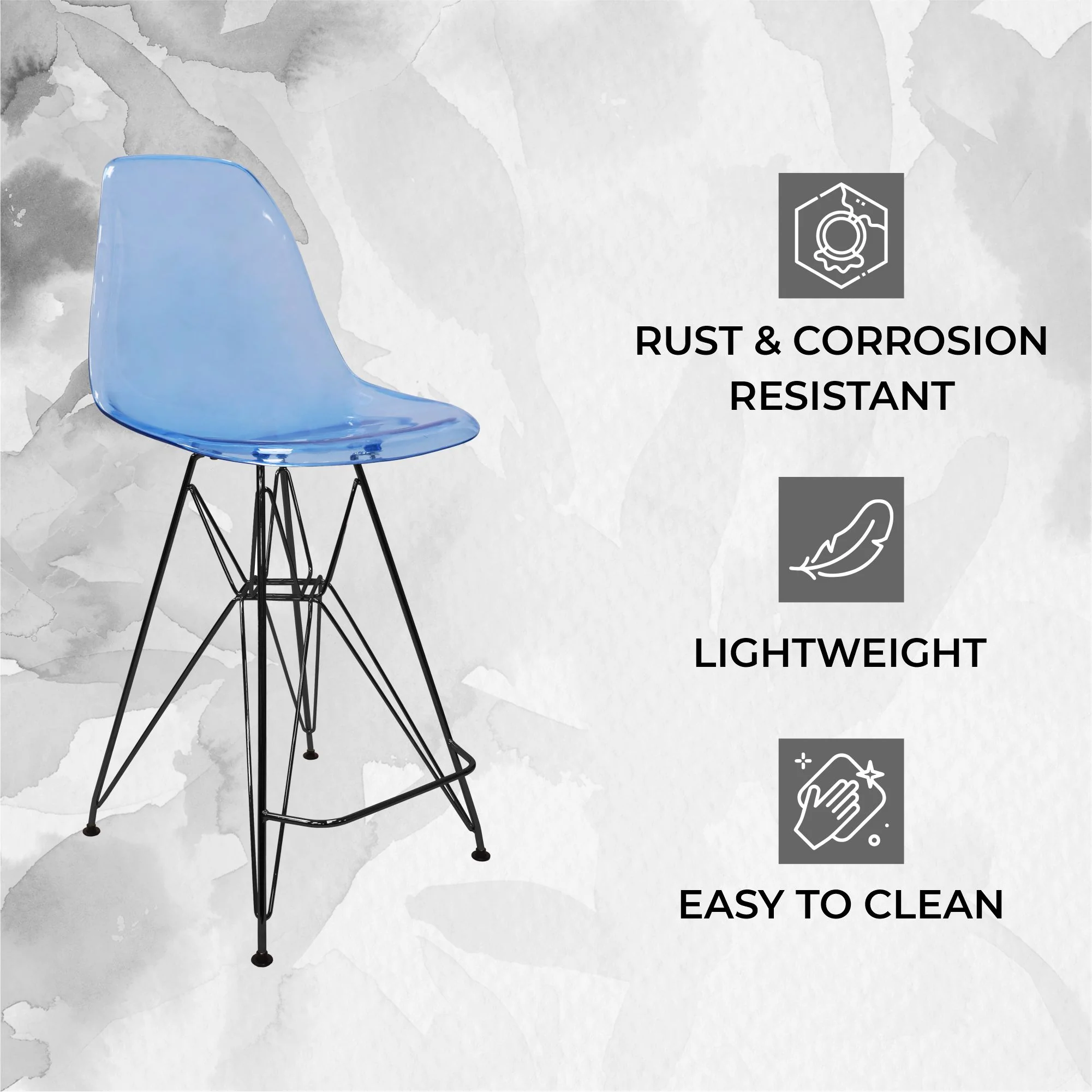 Modern Acrylic Bar stool Cresco Collection Black Base with Trans Blue seat