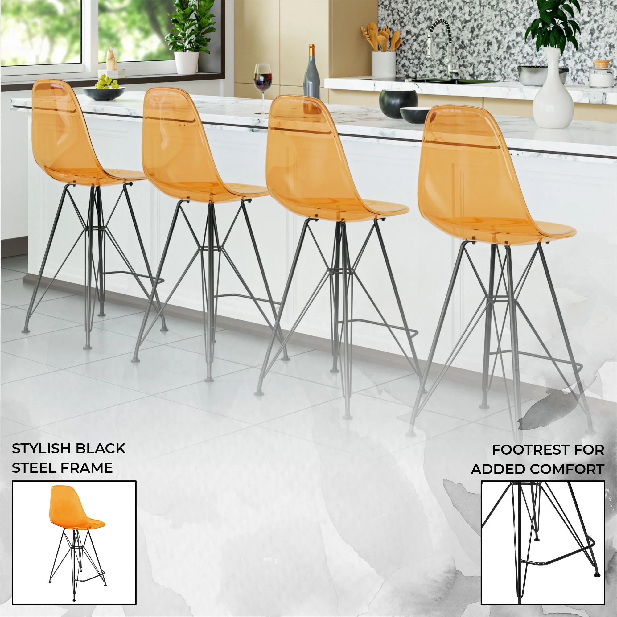 Modern Acrylic Bar stool Cresco Collection Black Base with Trans Orange seat