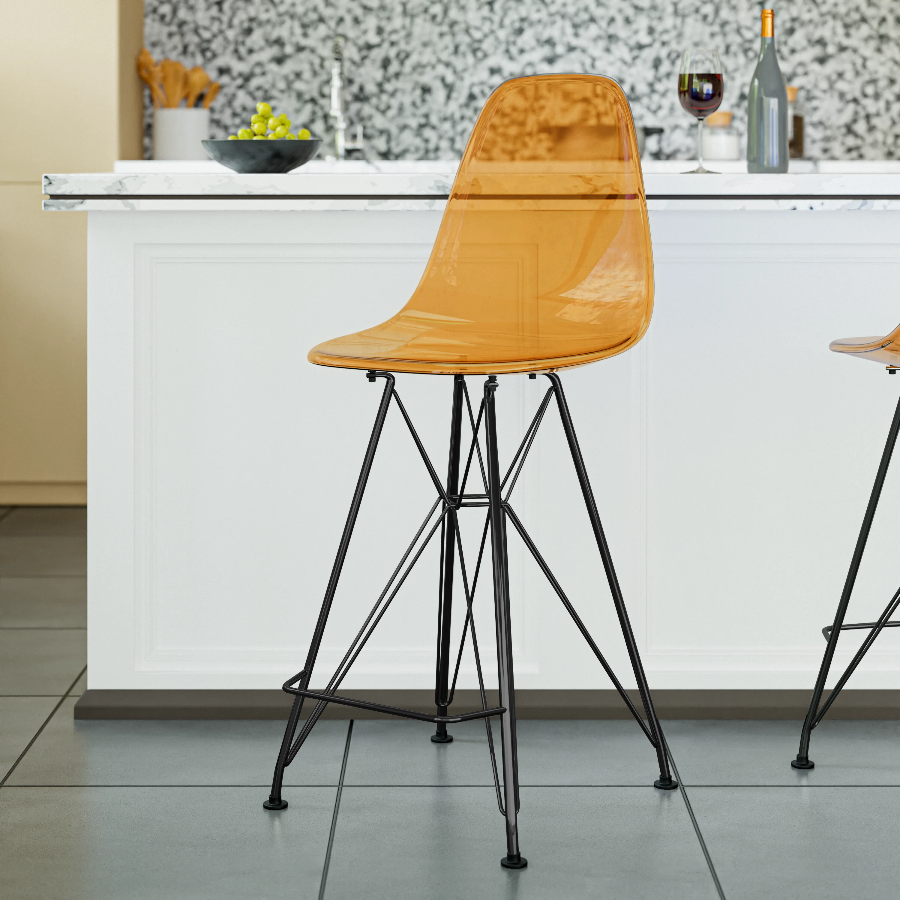Modern Acrylic Bar stool Cresco Collection Black Base with Trans Orange seat