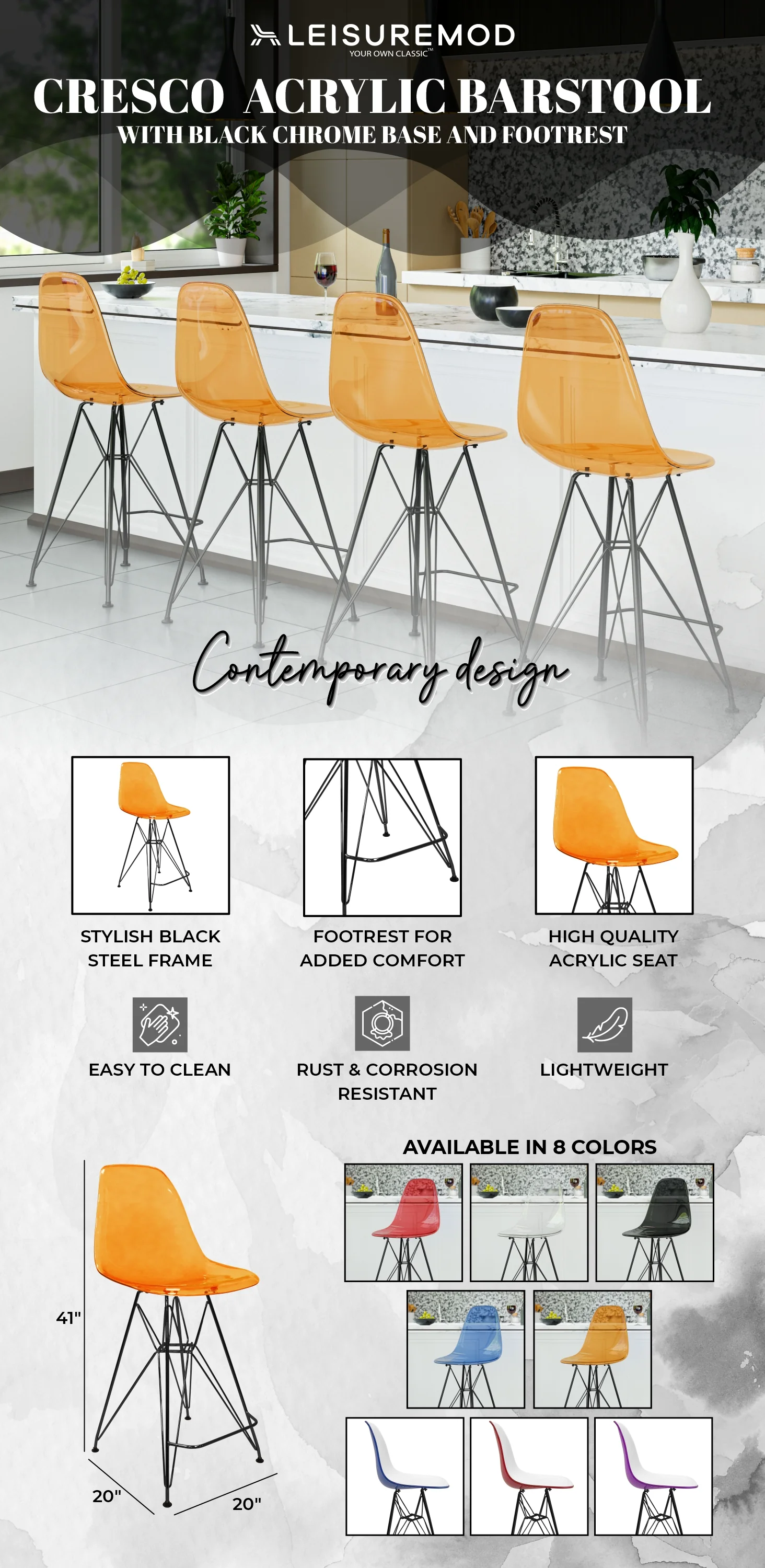 Modern Acrylic Bar stool Cresco Collection Black Base with Trans Orange seat