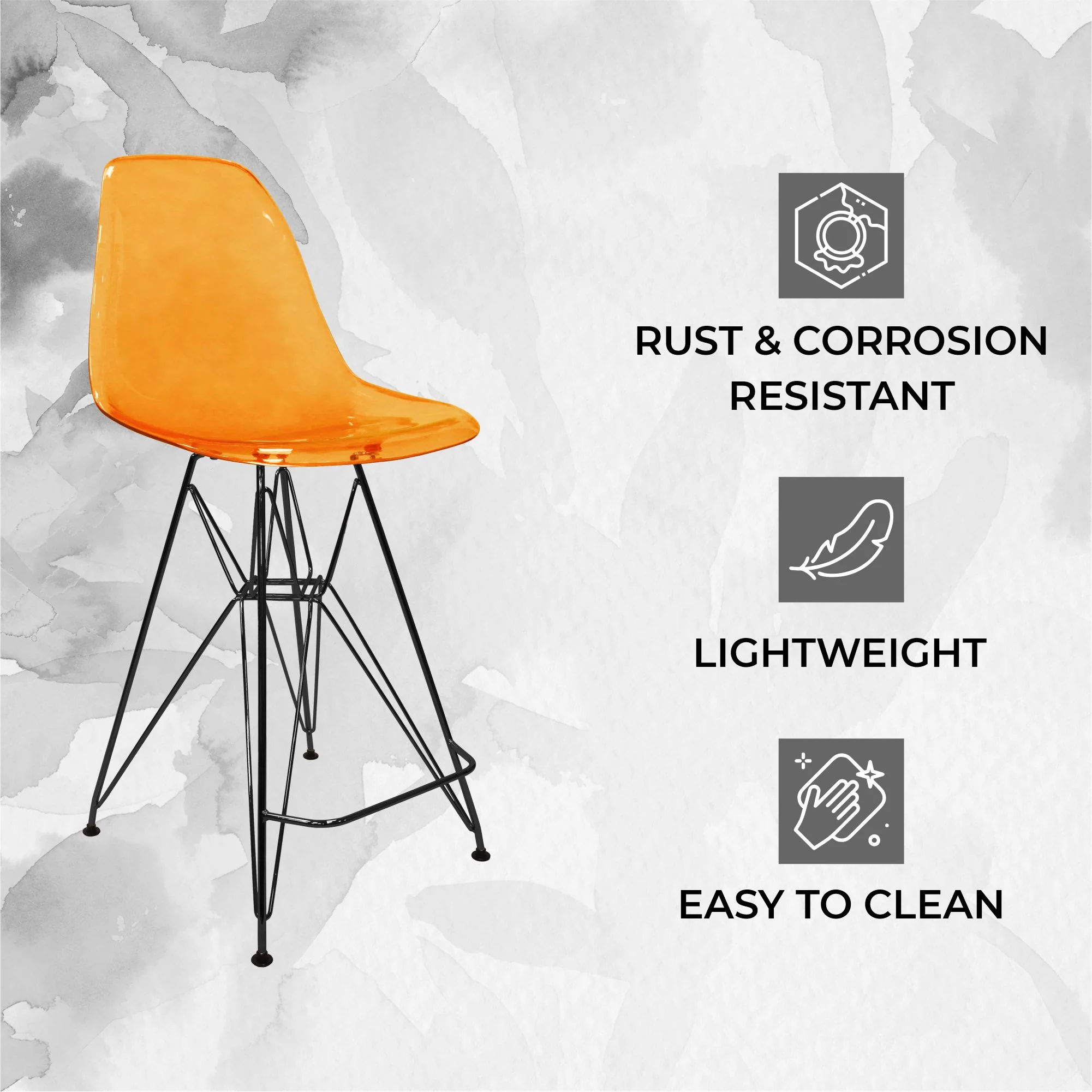 Modern Acrylic Bar stool Cresco Collection Black Base with Trans Orange seat