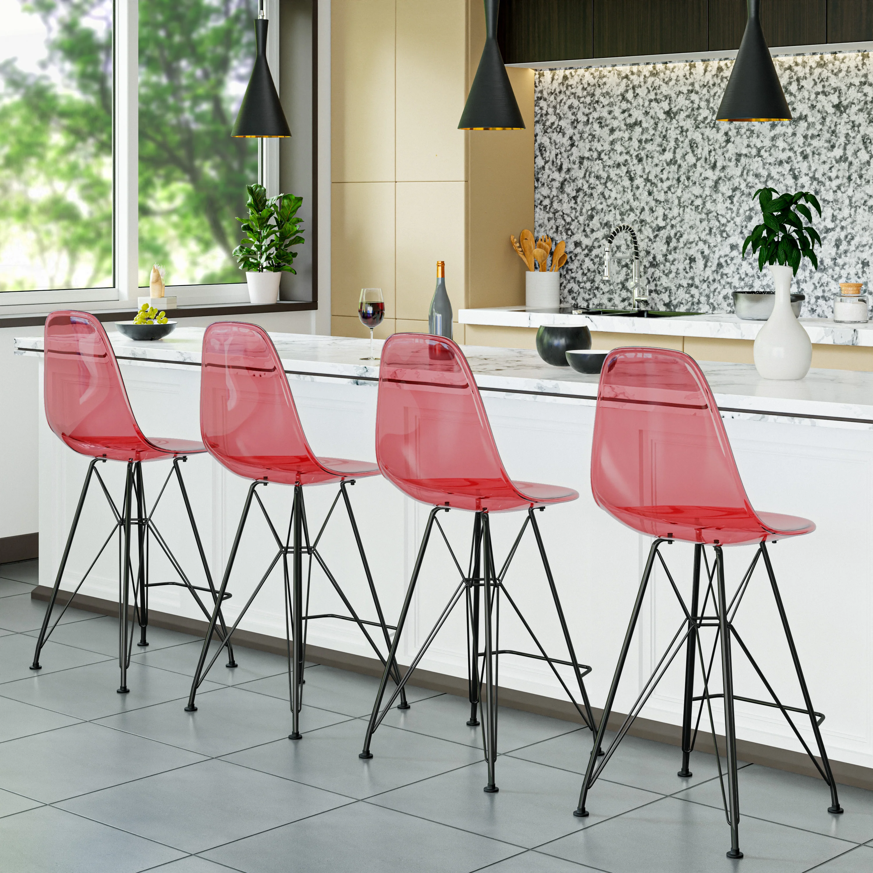 Modern Acrylic Bar stool Cresco Collection Black Base with Trans Red seat