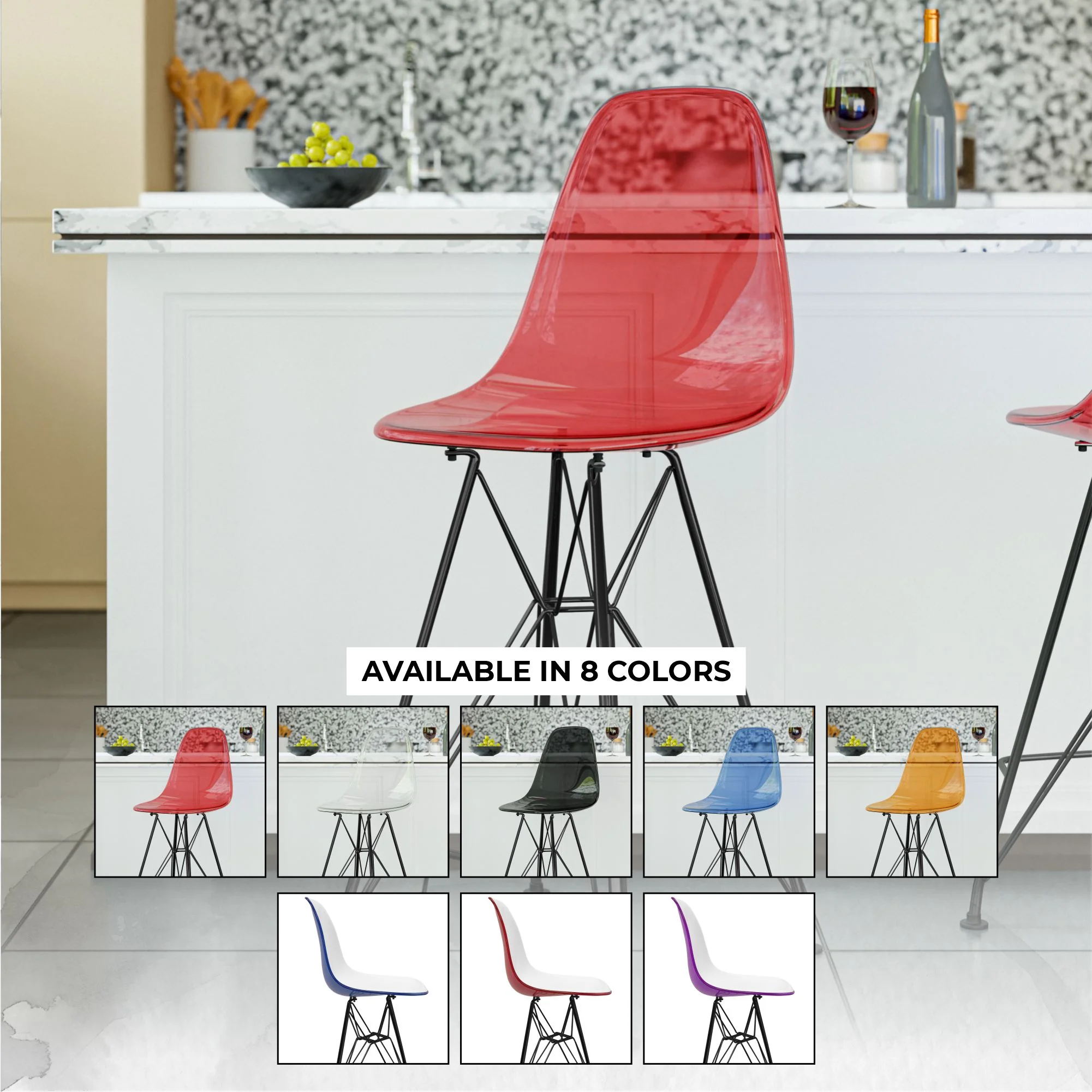 Modern Acrylic Bar stool Cresco Collection Black Base with Trans Red seat