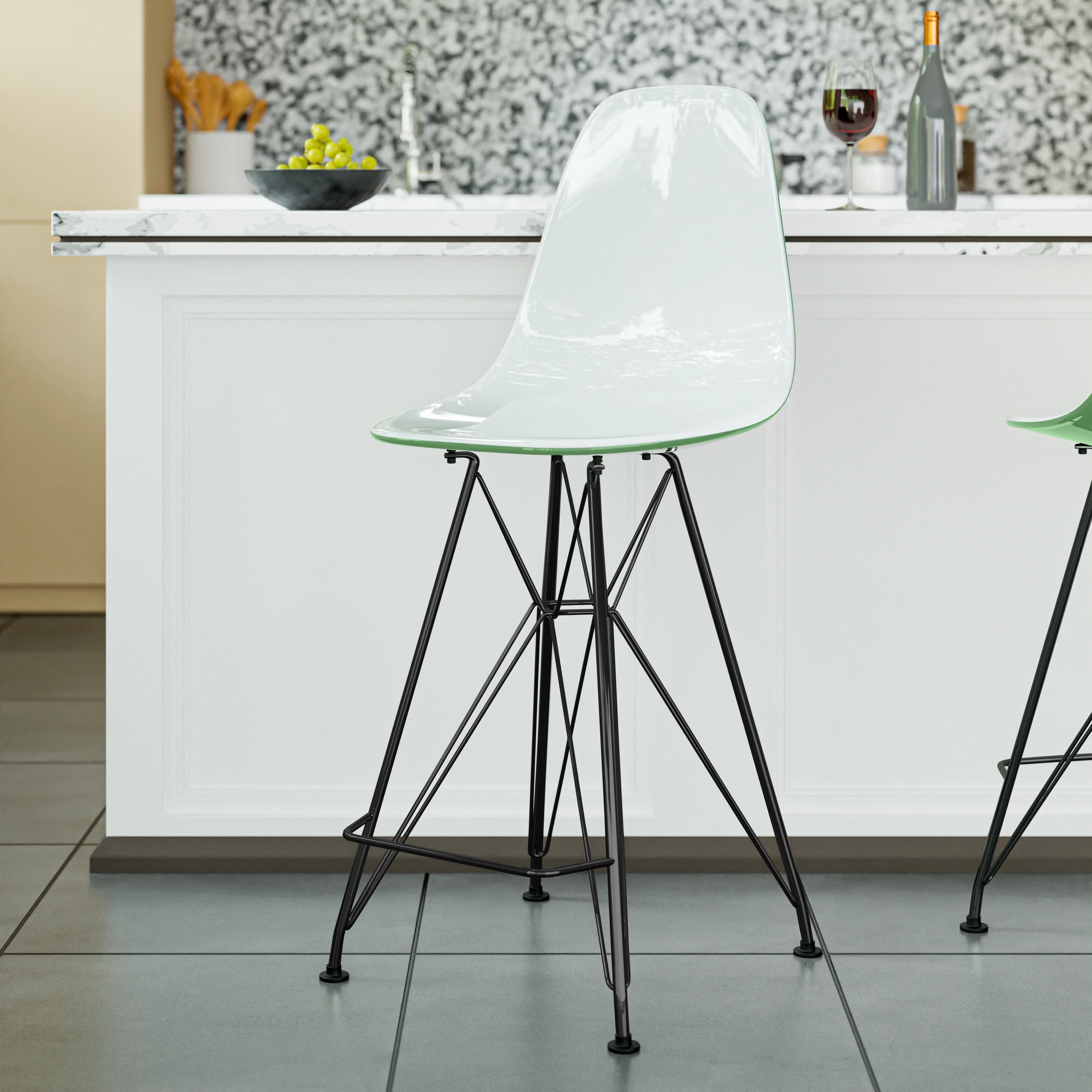 Modern Acrylic Bar stool Cresco Collection Black Base with White/Green seat