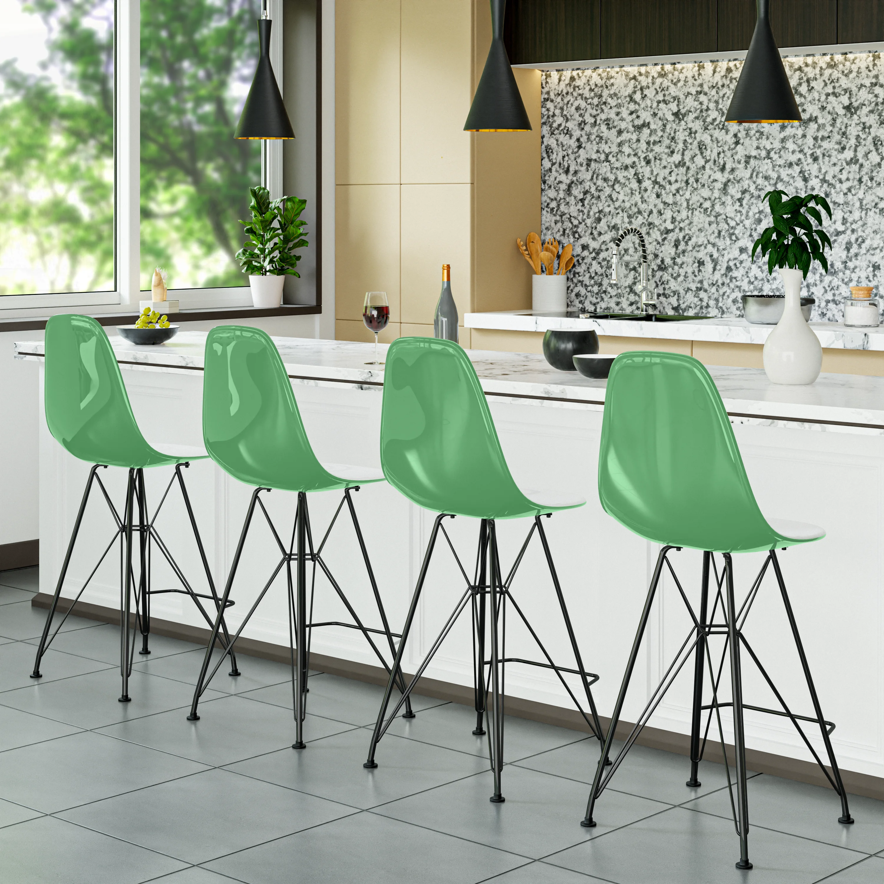 Modern Acrylic Bar stool Cresco Collection Black Base with White/Green seat