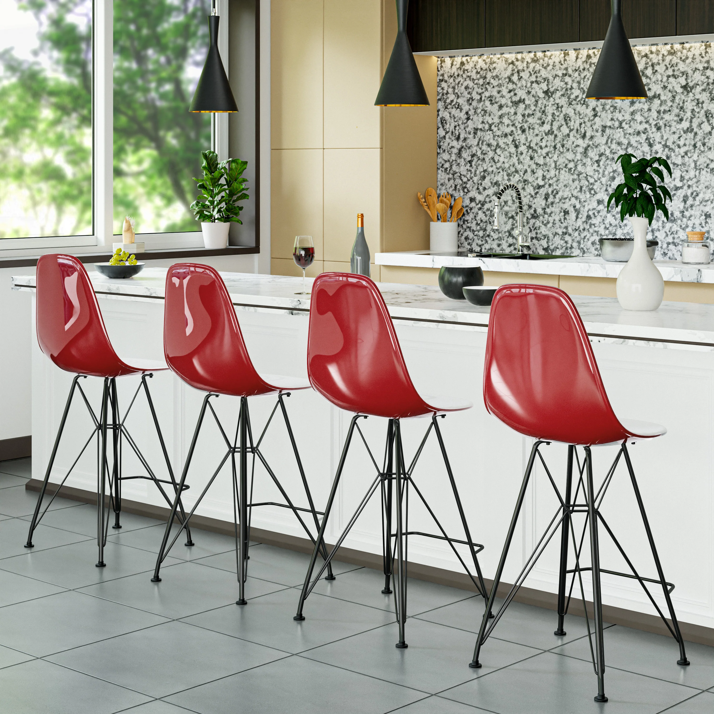 Modern Acrylic Bar stool Cresco Collection Black Base with White/Red seat