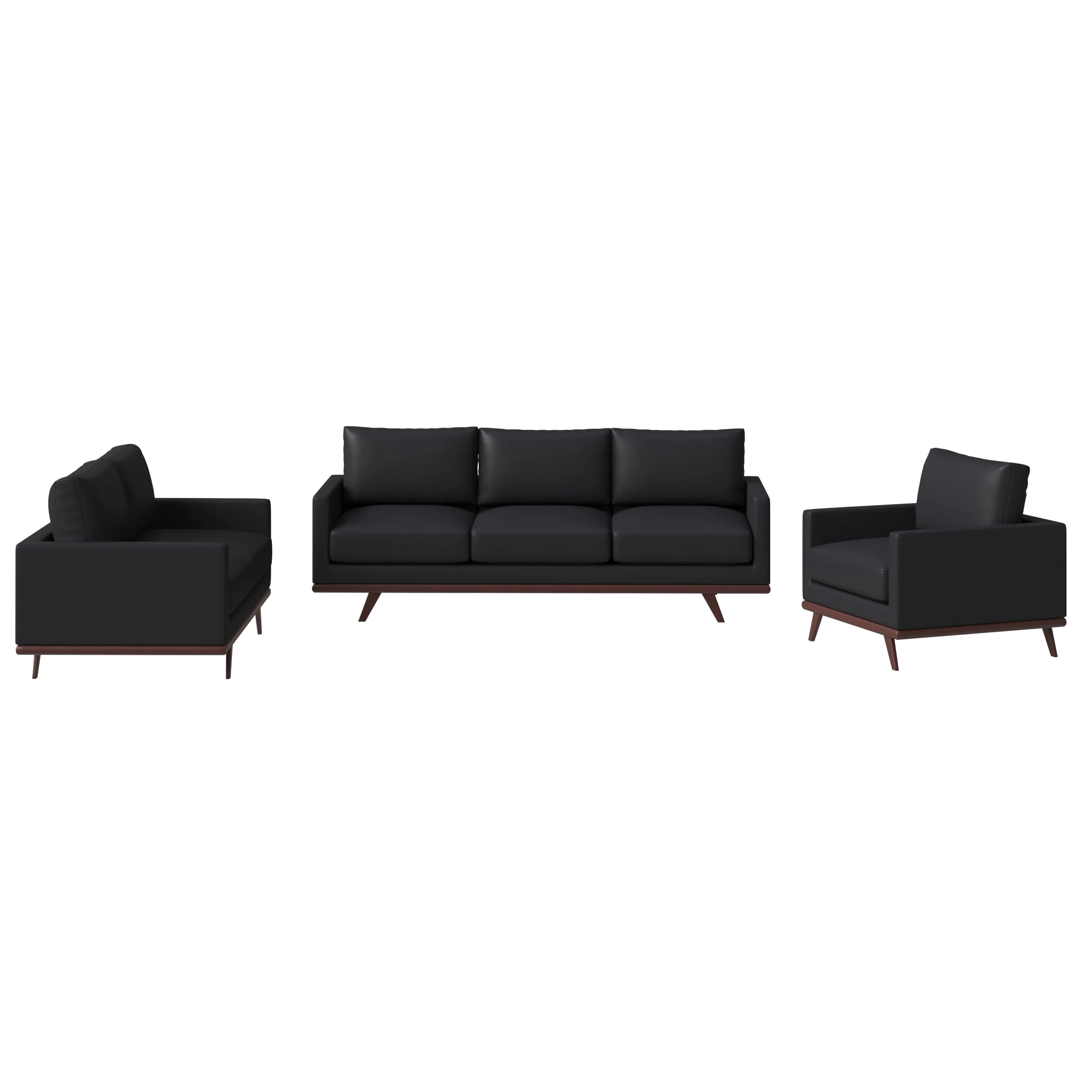 Chester 3-Piece Leather Living Room Sofa Set with Birch Wood Base Black