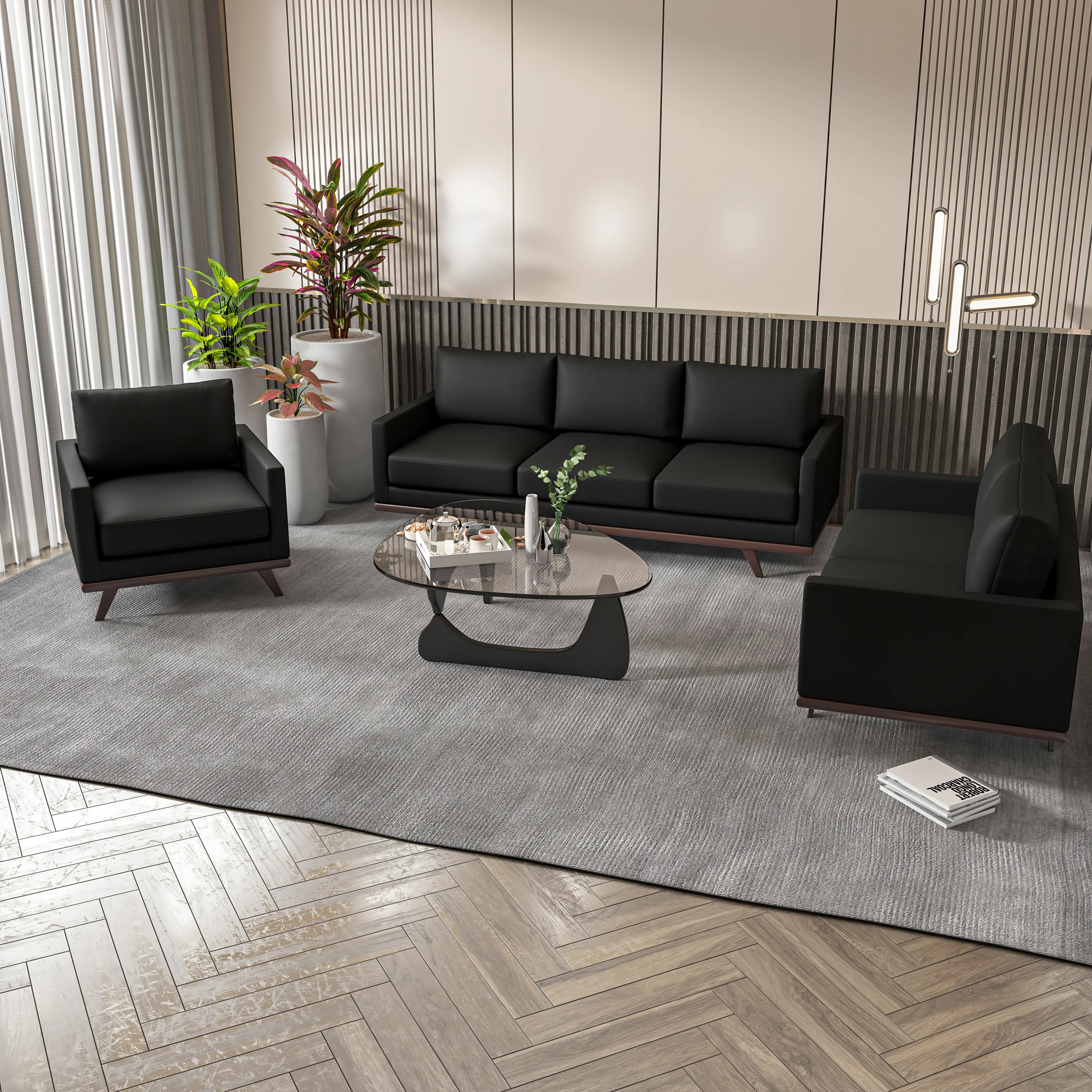 Chester 3-Piece Leather Living Room Sofa Set with Birch Wood Base Black