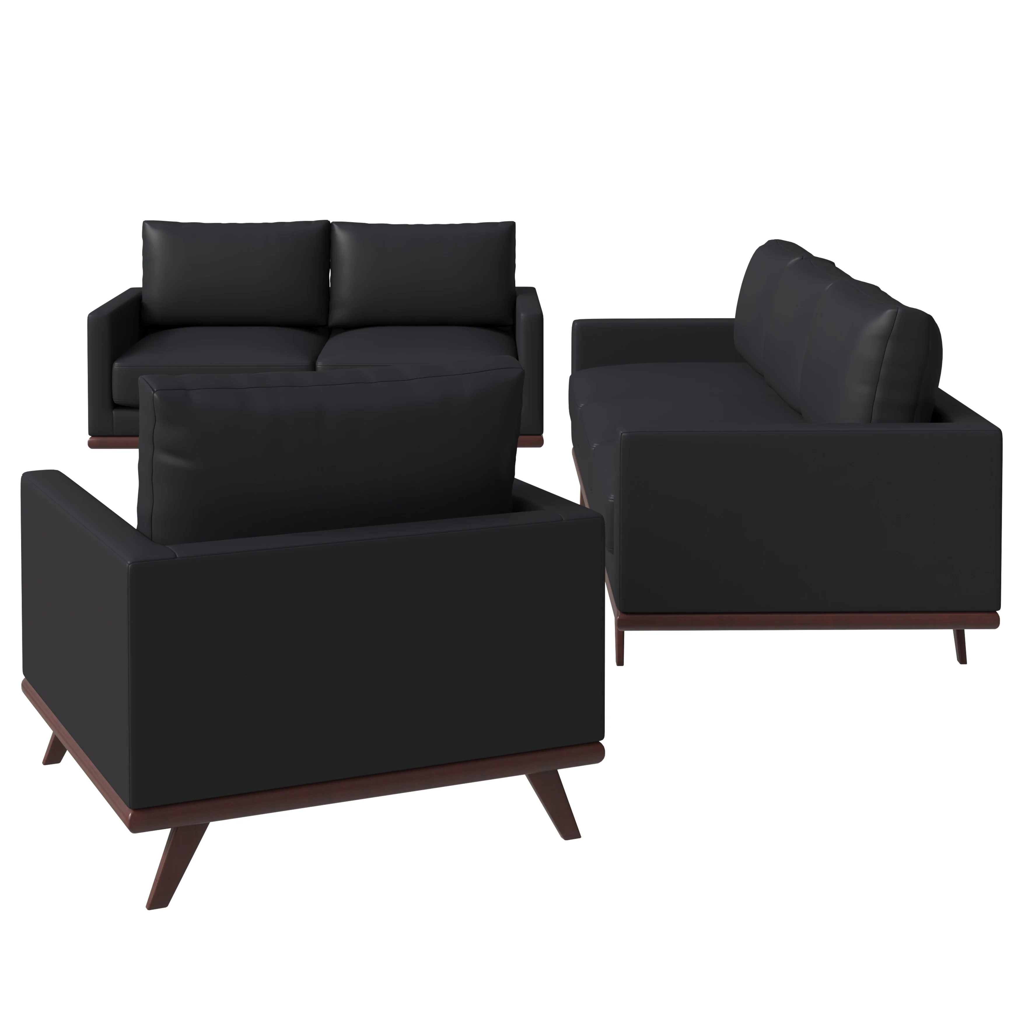 Chester 3-Piece Leather Living Room Sofa Set with Birch Wood Base Black