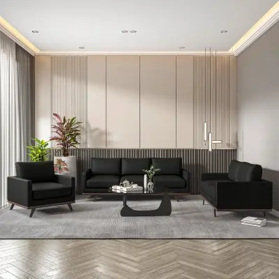 Chester 3-Piece Leather Living Room Sofa Set with Birch Wood Base Black