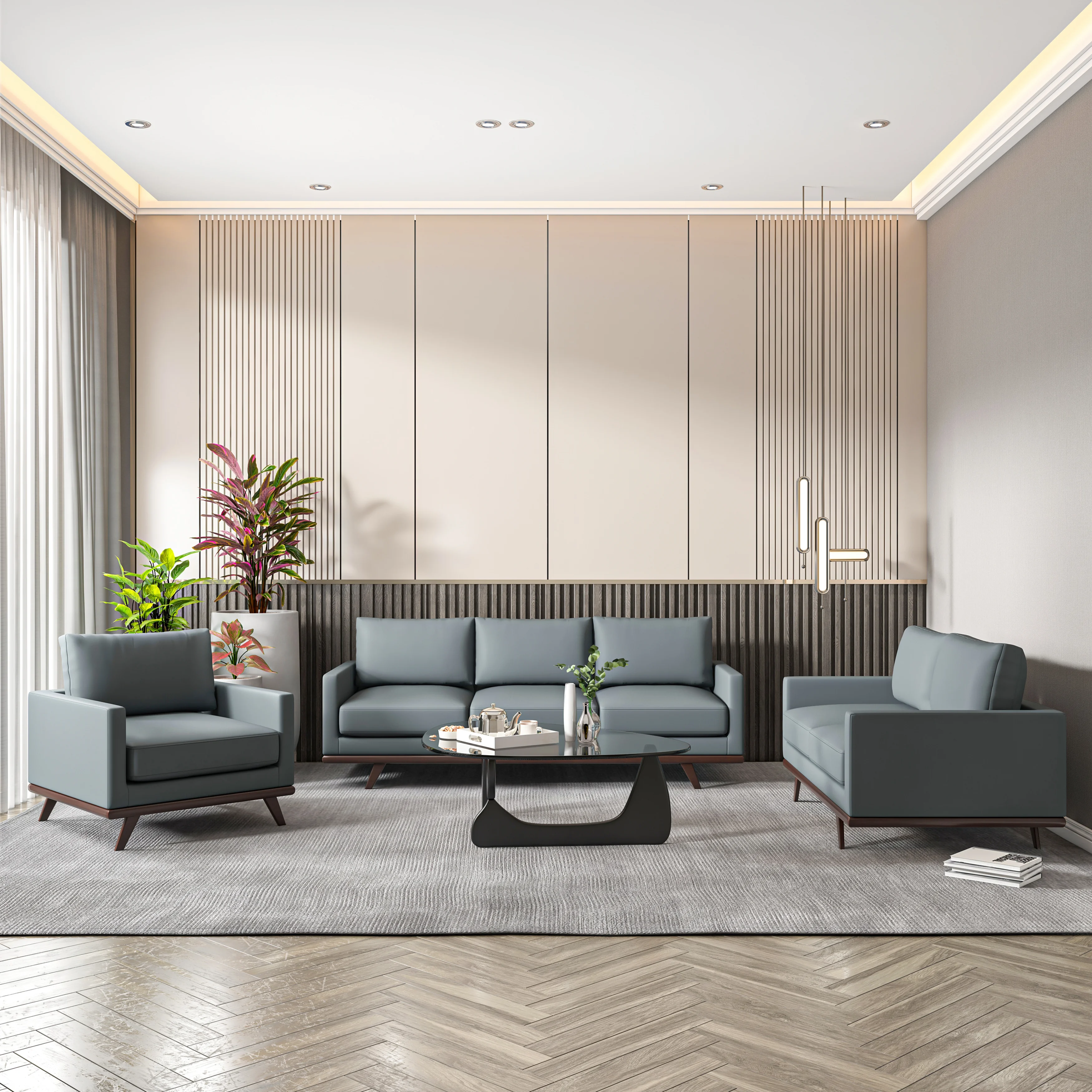 Chester 3-Piece Leather Living Room Sofa Set with Birch Wood Base Grey