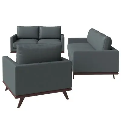 Chester 3-Piece Leather Living Room Sofa Set with Birch Wood Base Grey