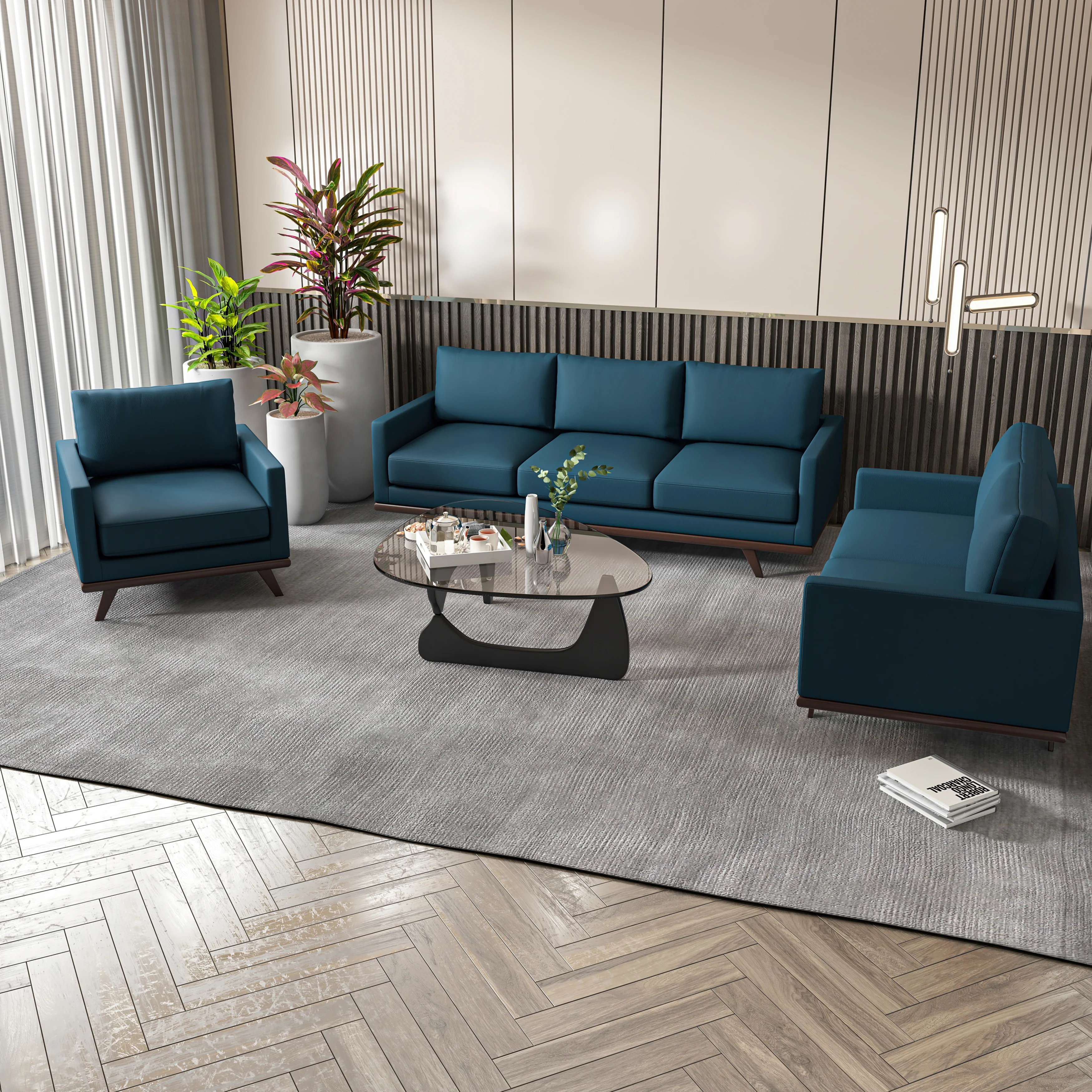 Chester 3-Piece Leather Living Room Sofa Set with Birch Wood Base Navy Blue