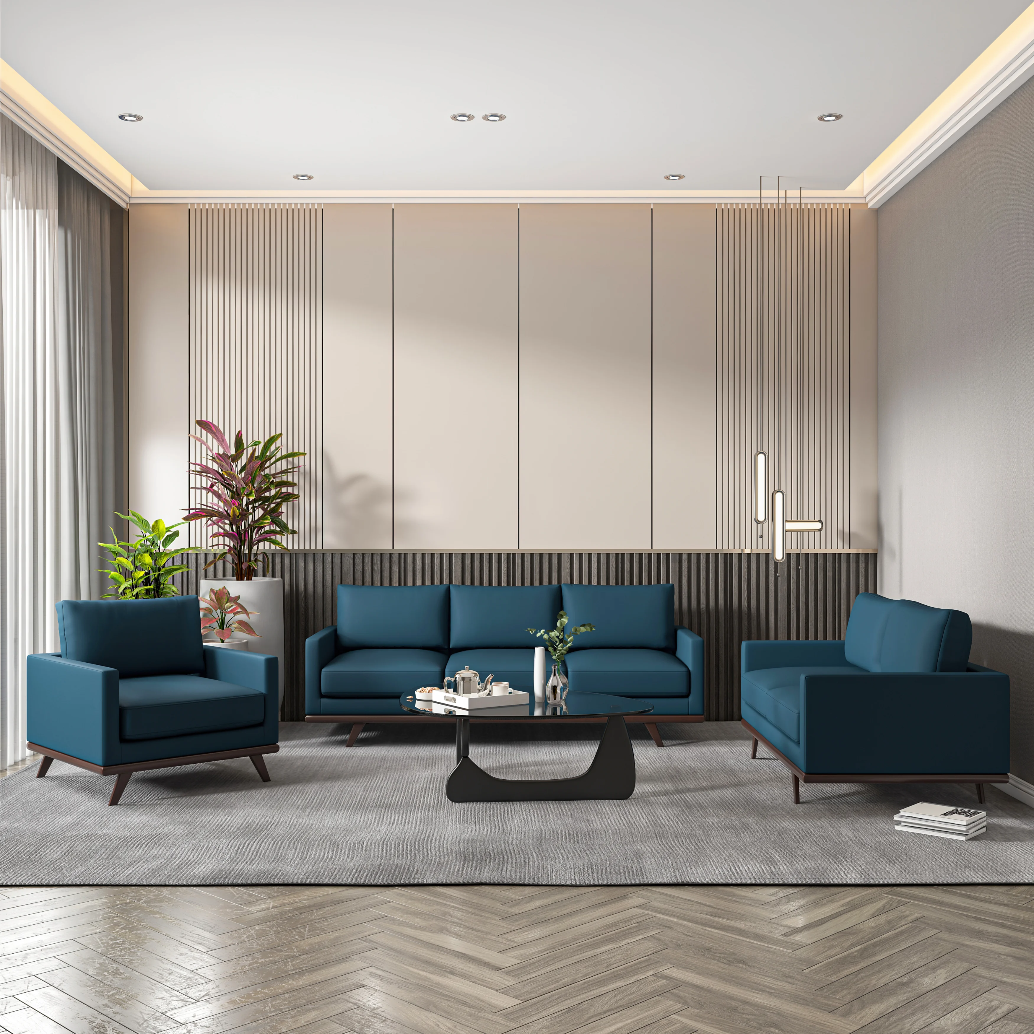 Chester 3-Piece Leather Living Room Sofa Set with Birch Wood Base Navy Blue