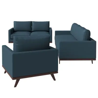 Chester 3-Piece Leather Living Room Sofa Set with Birch Wood Base Navy Blue