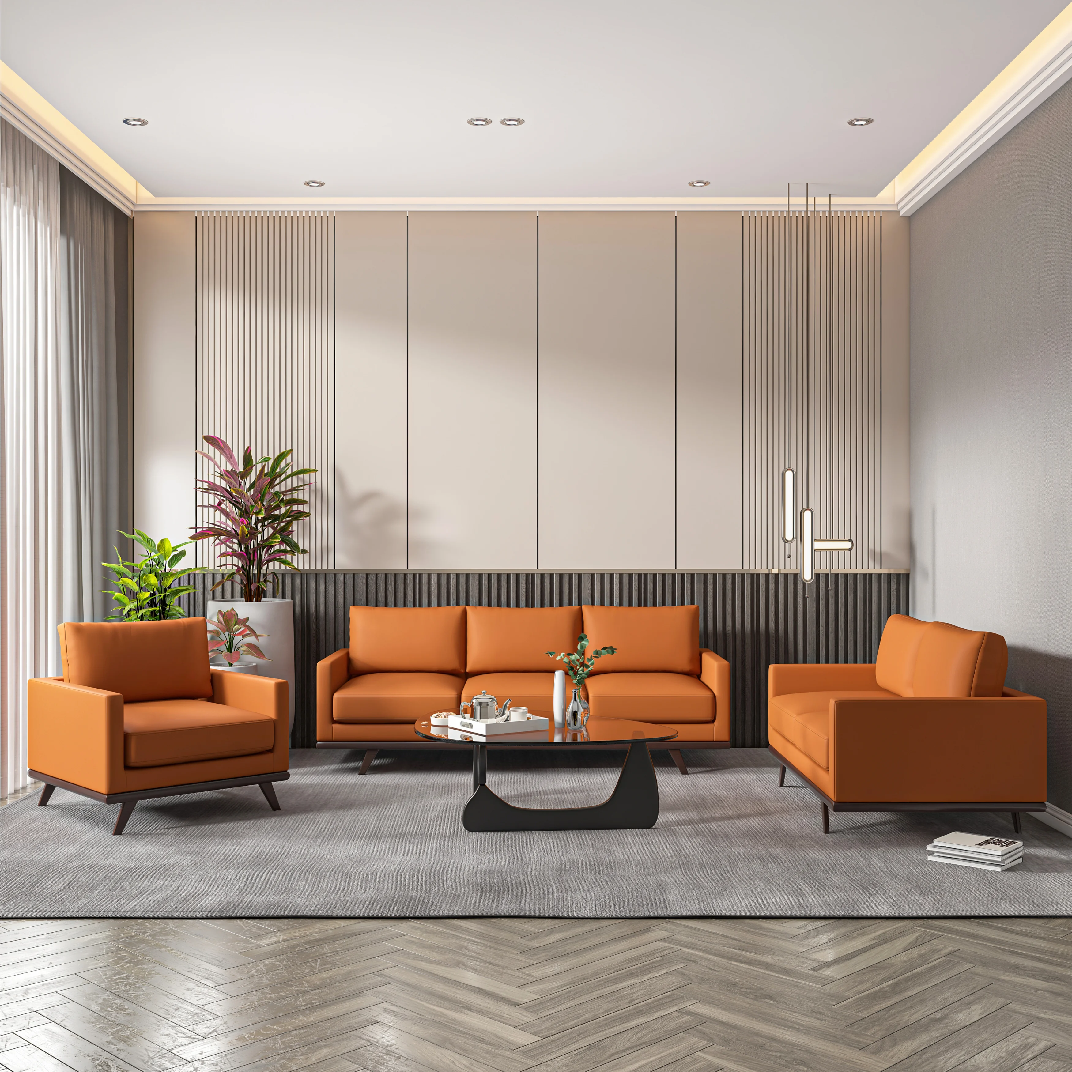 Chester 3-Piece Leather Living Room Sofa Set with Birch Wood Base Cognac Tan