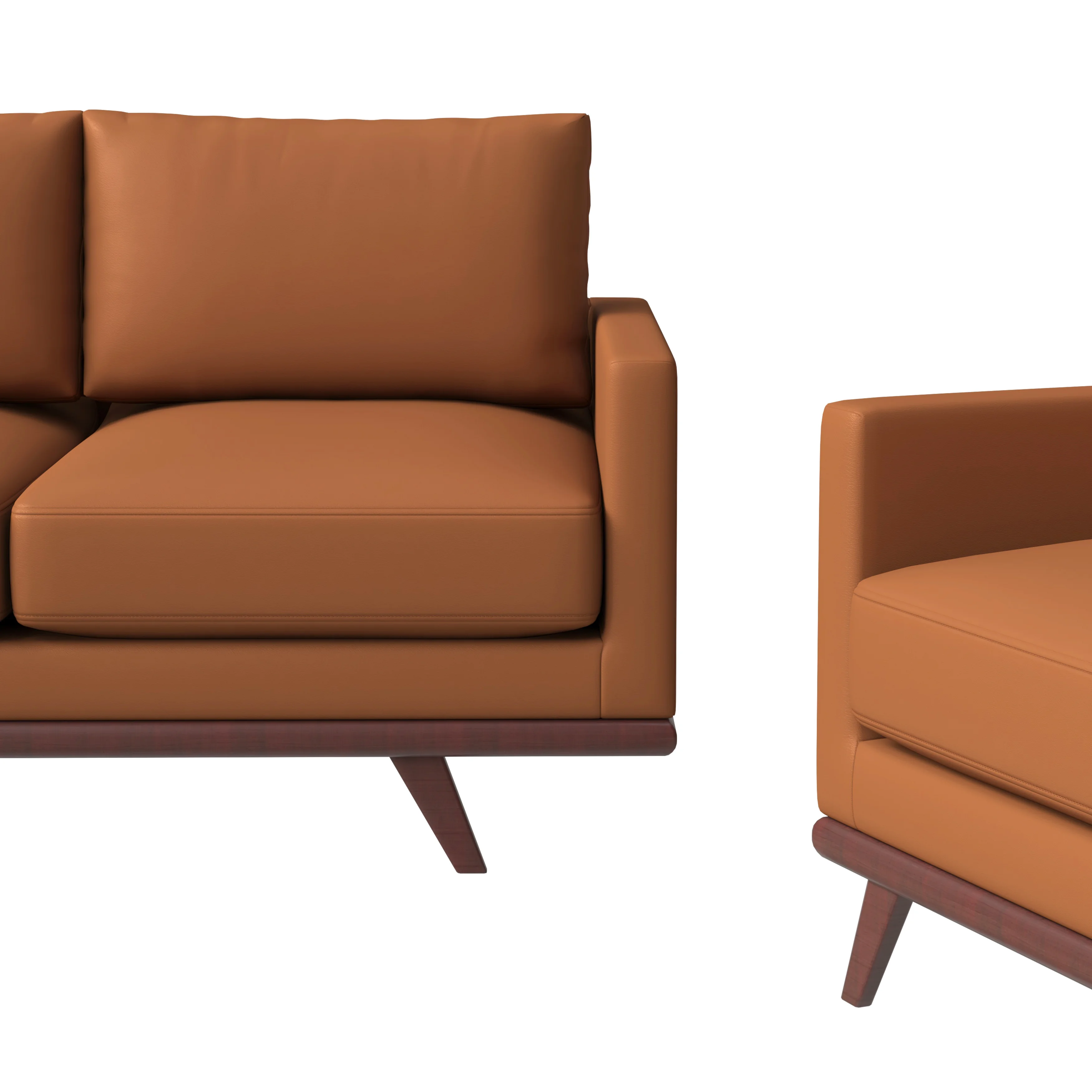 Chester 3-Piece Leather Living Room Sofa Set with Birch Wood Base Cognac Tan