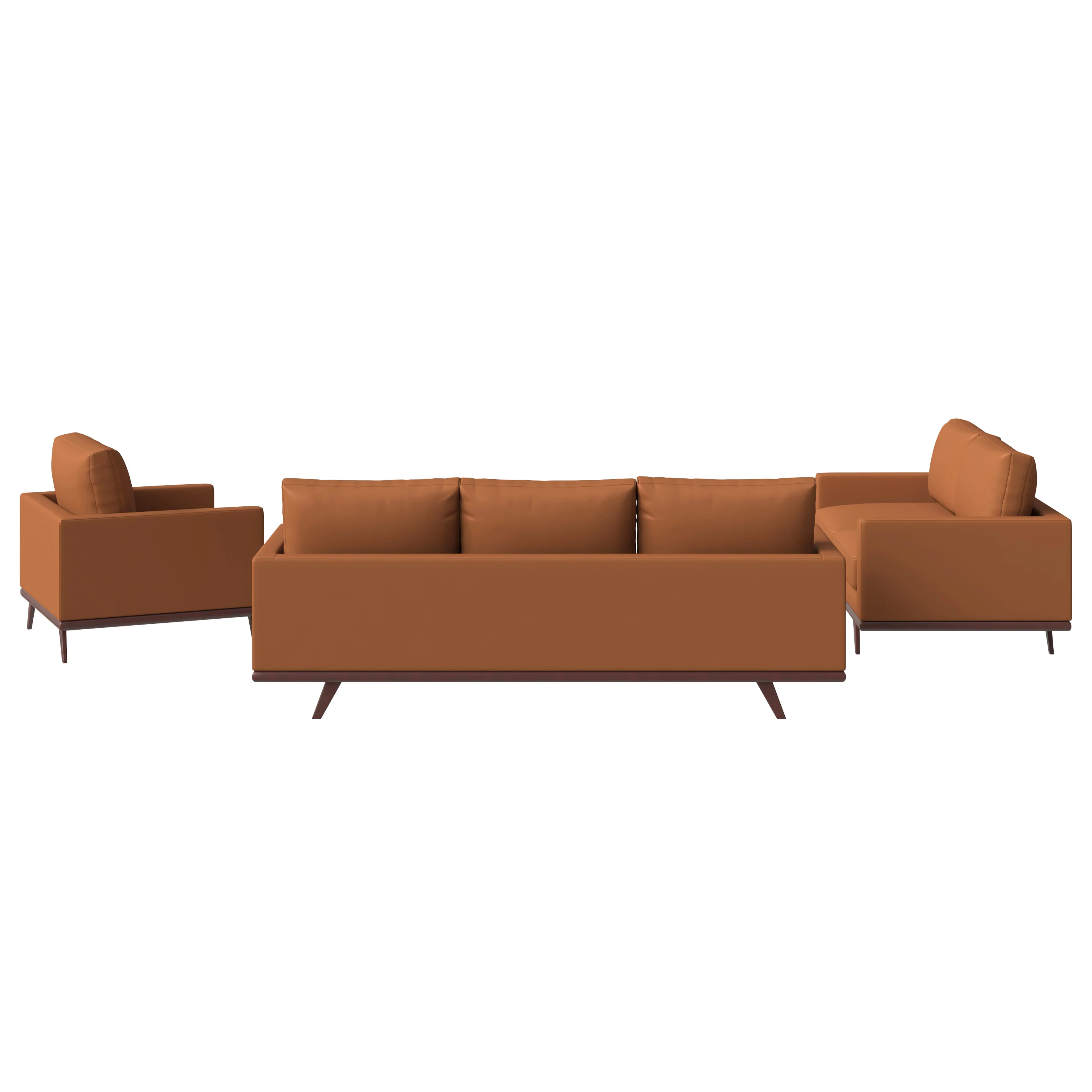 Chester 3-Piece Leather Living Room Sofa Set with Birch Wood Base Cognac Tan
