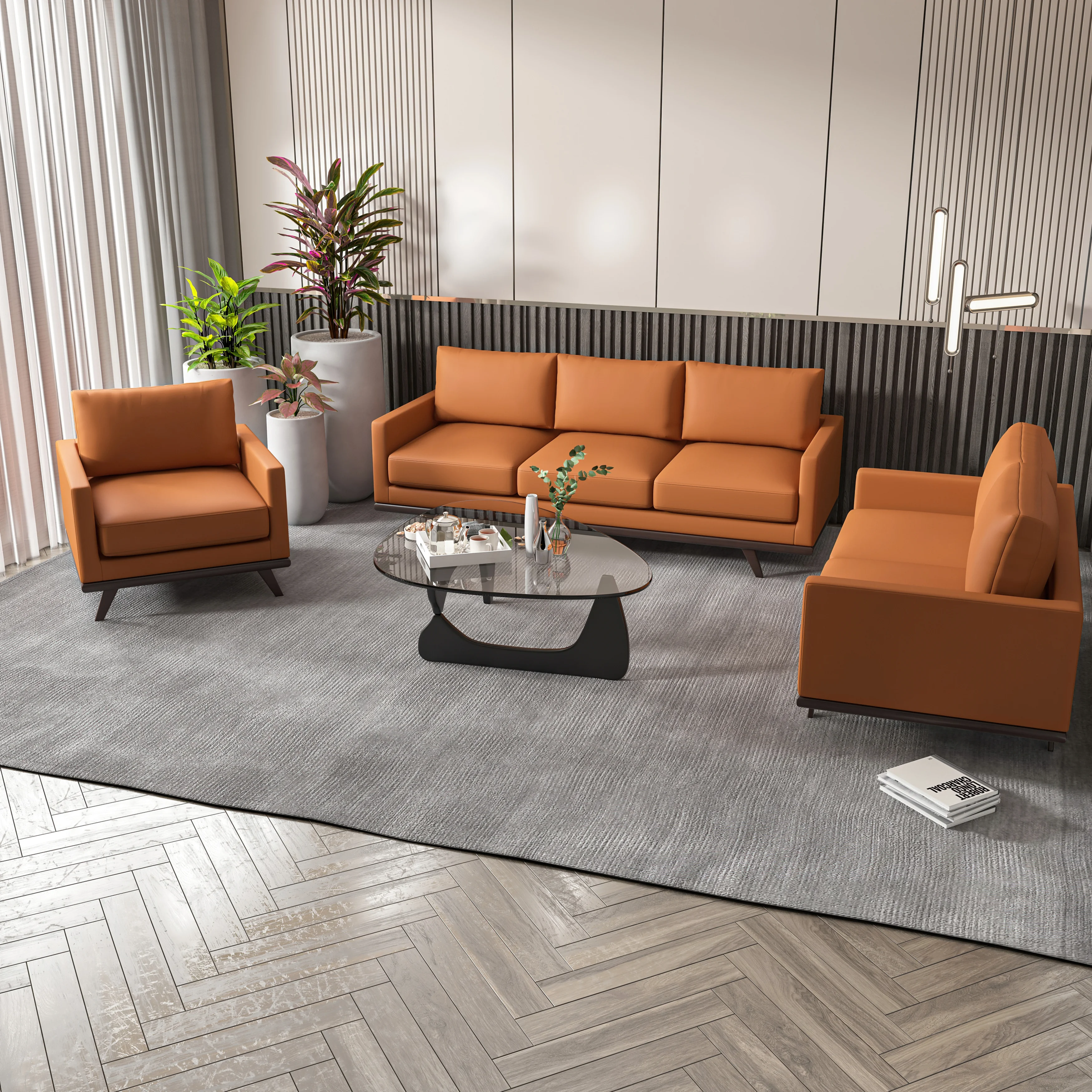 Chester 3-Piece Leather Living Room Sofa Set with Birch Wood Base Cognac Tan