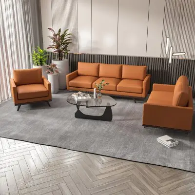 Chester 3-Piece Leather Living Room Sofa Set with Birch Wood Base Cognac Tan