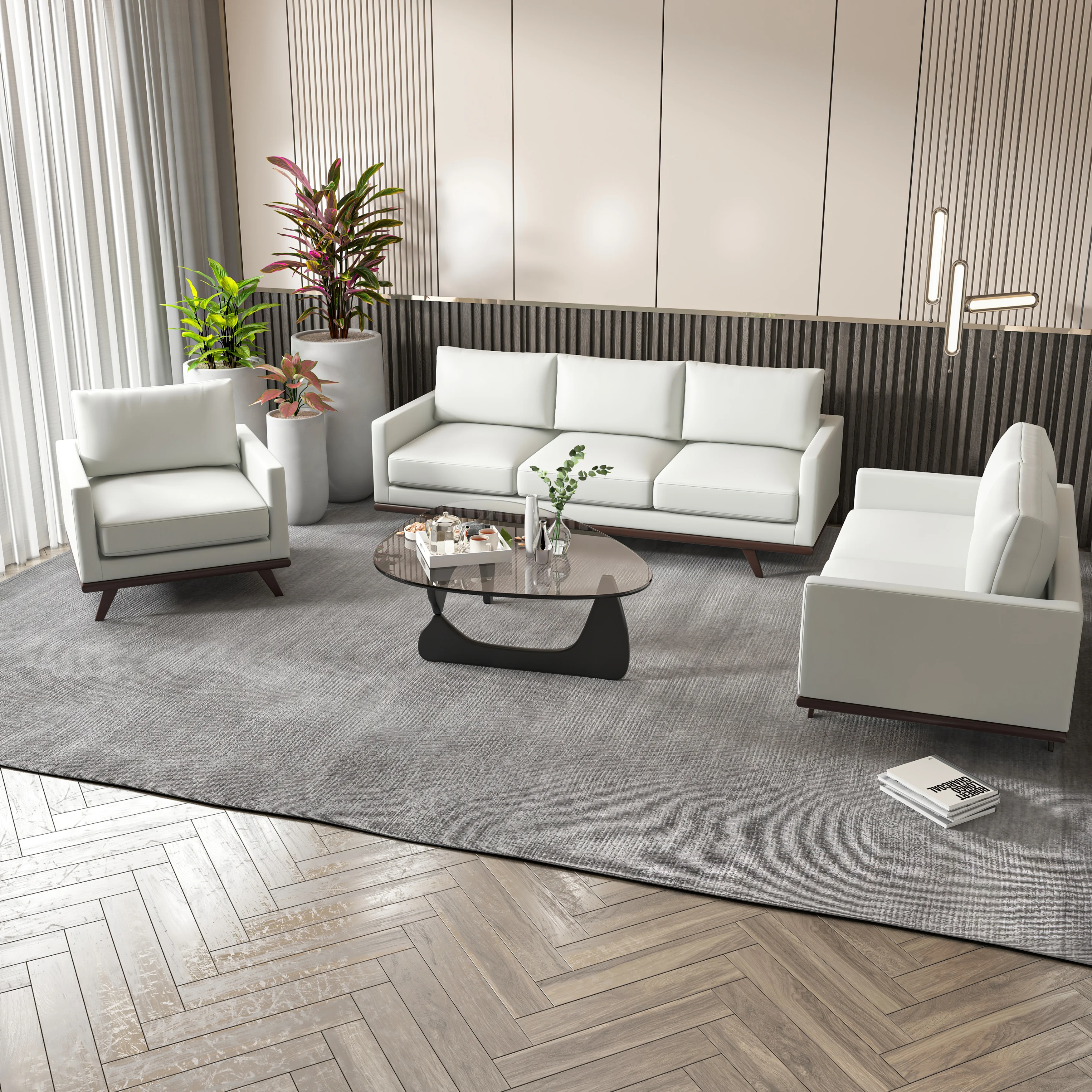 Chester 3-Piece Leather Living Room Sofa Set with Birch Wood Base White